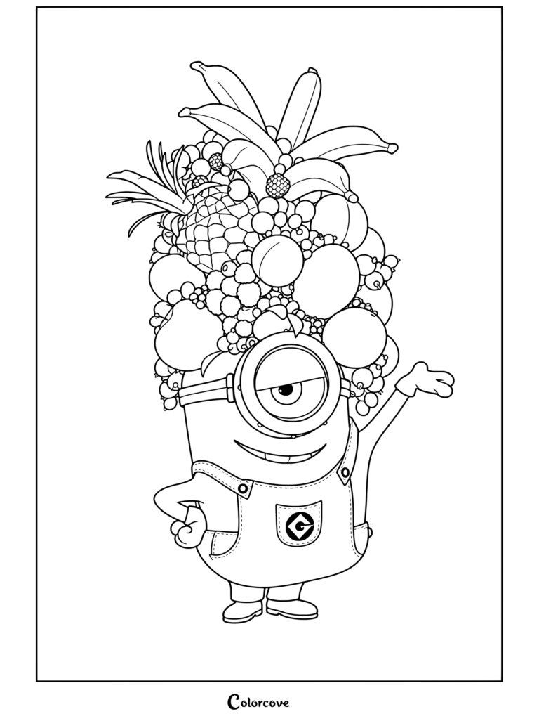 Minion de un solo ojo con un elaborado sombrero de frutas hecho de plátanos, piña, bayas y cítricos adoptando una pose, página para colorear
