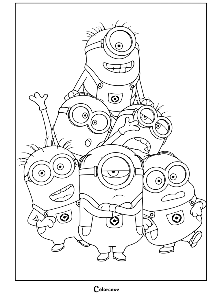 Una página para colorear con seis Minions apilados en forma de pirámide con varias expresiones y gestos.