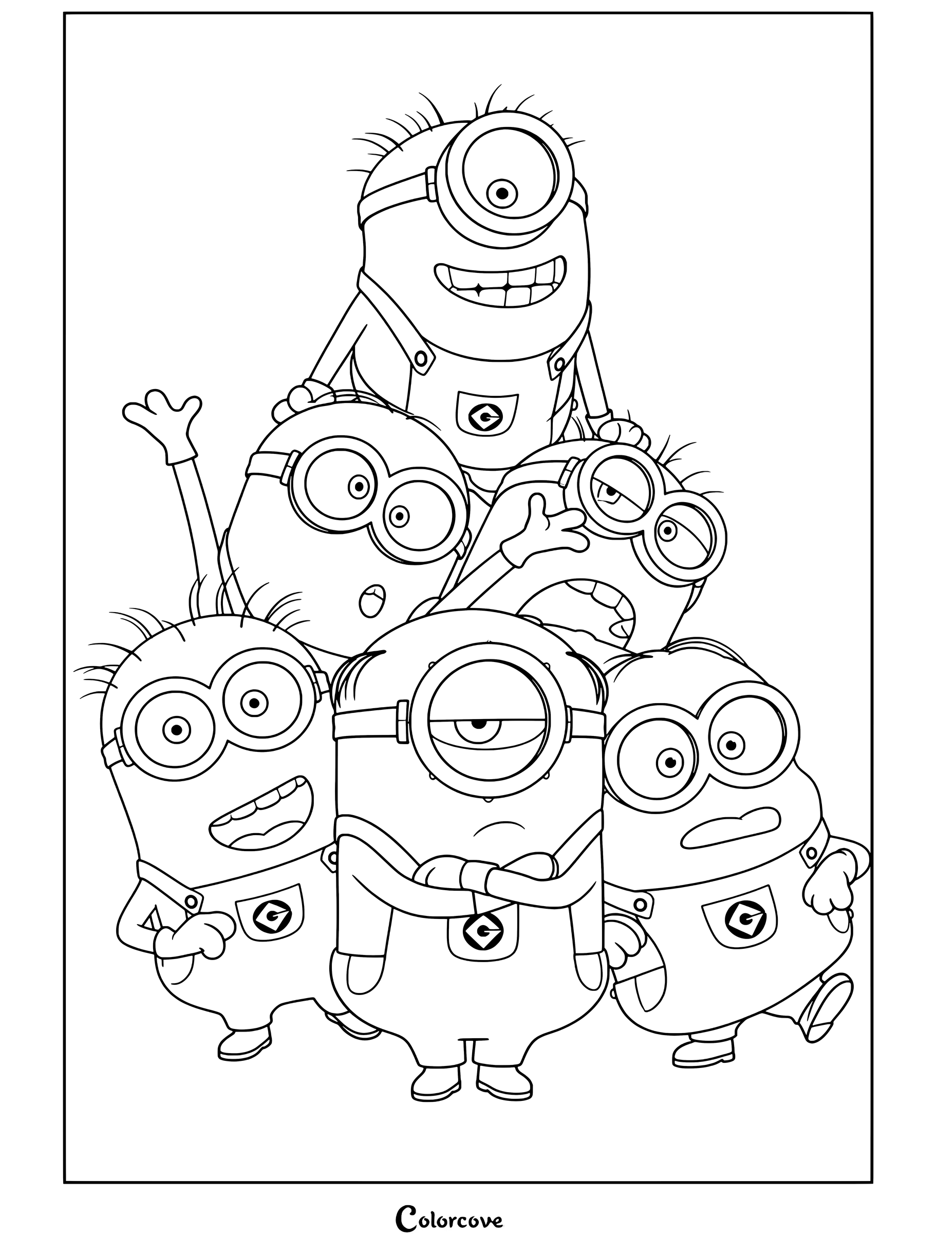 Una página para colorear con seis Minions apilados en forma de pirámide con varias expresiones y gestos.