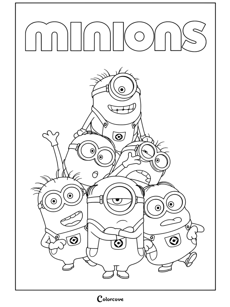 Seis Minions apilados en pirámide con varias expresiones y gestos divertidos, página para colorear para niños