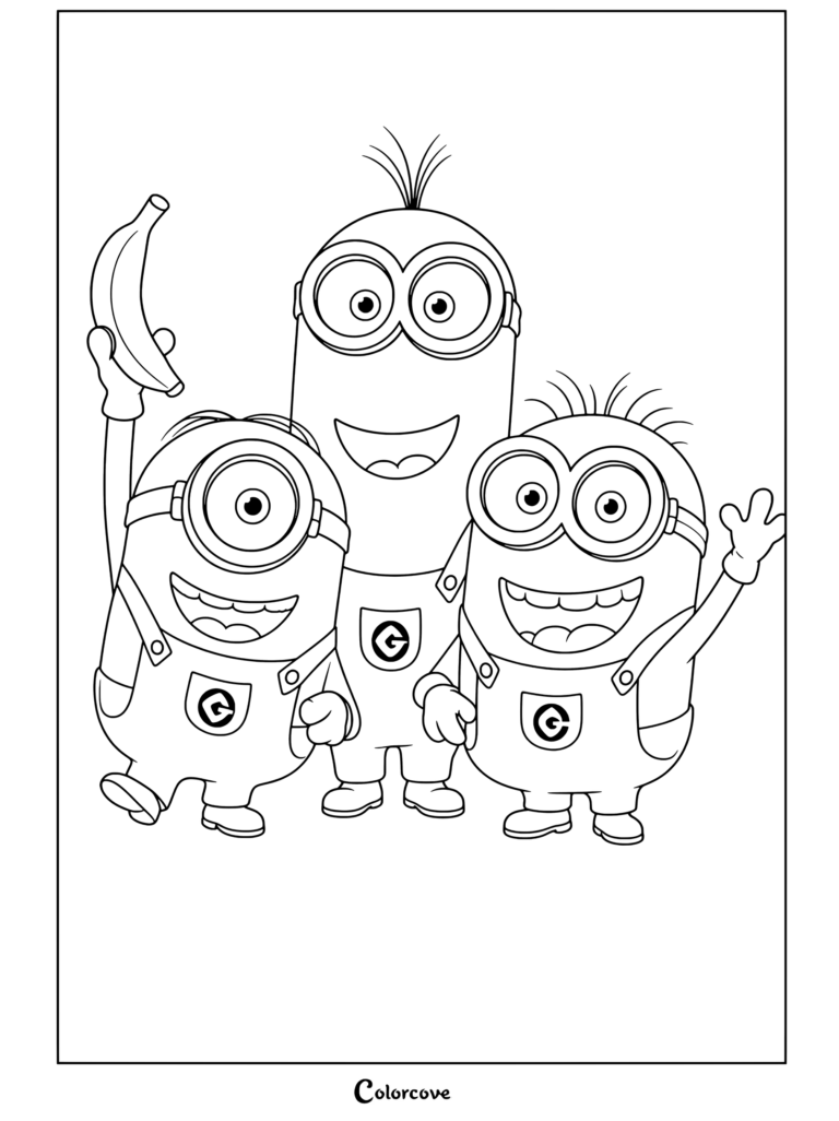 Página para colorear gratuita de tres Minions felices con petos azules, sosteniendo un plátano y saludando juntos.