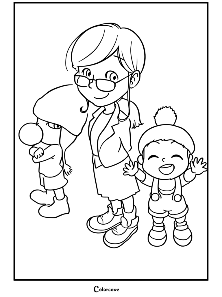 Página para colorear de Margo, Gru y Agnes con personajes de los Minions.