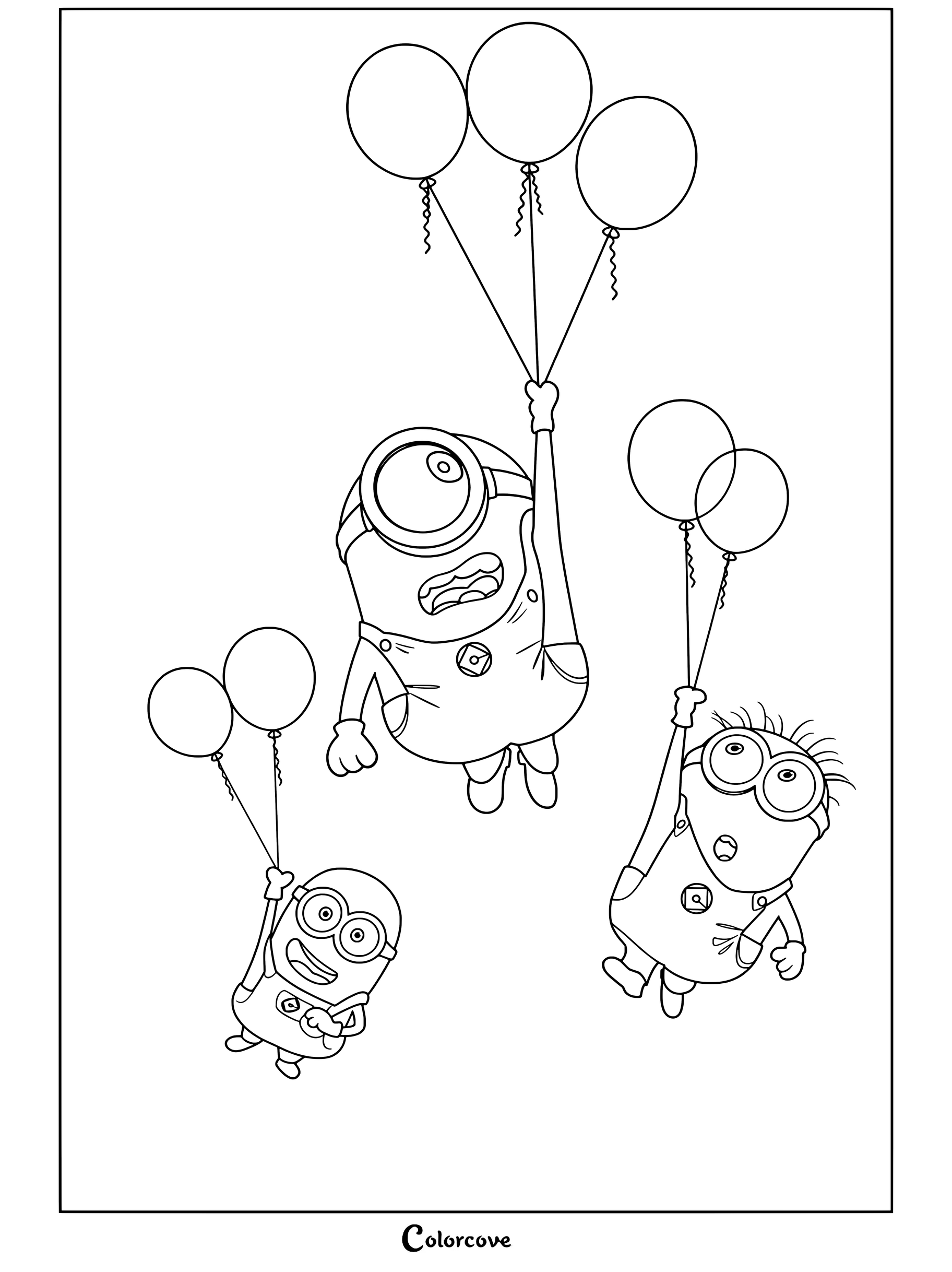 Una página para colorear que representa a tres Minions flotando en el aire sosteniendo globos de colores.