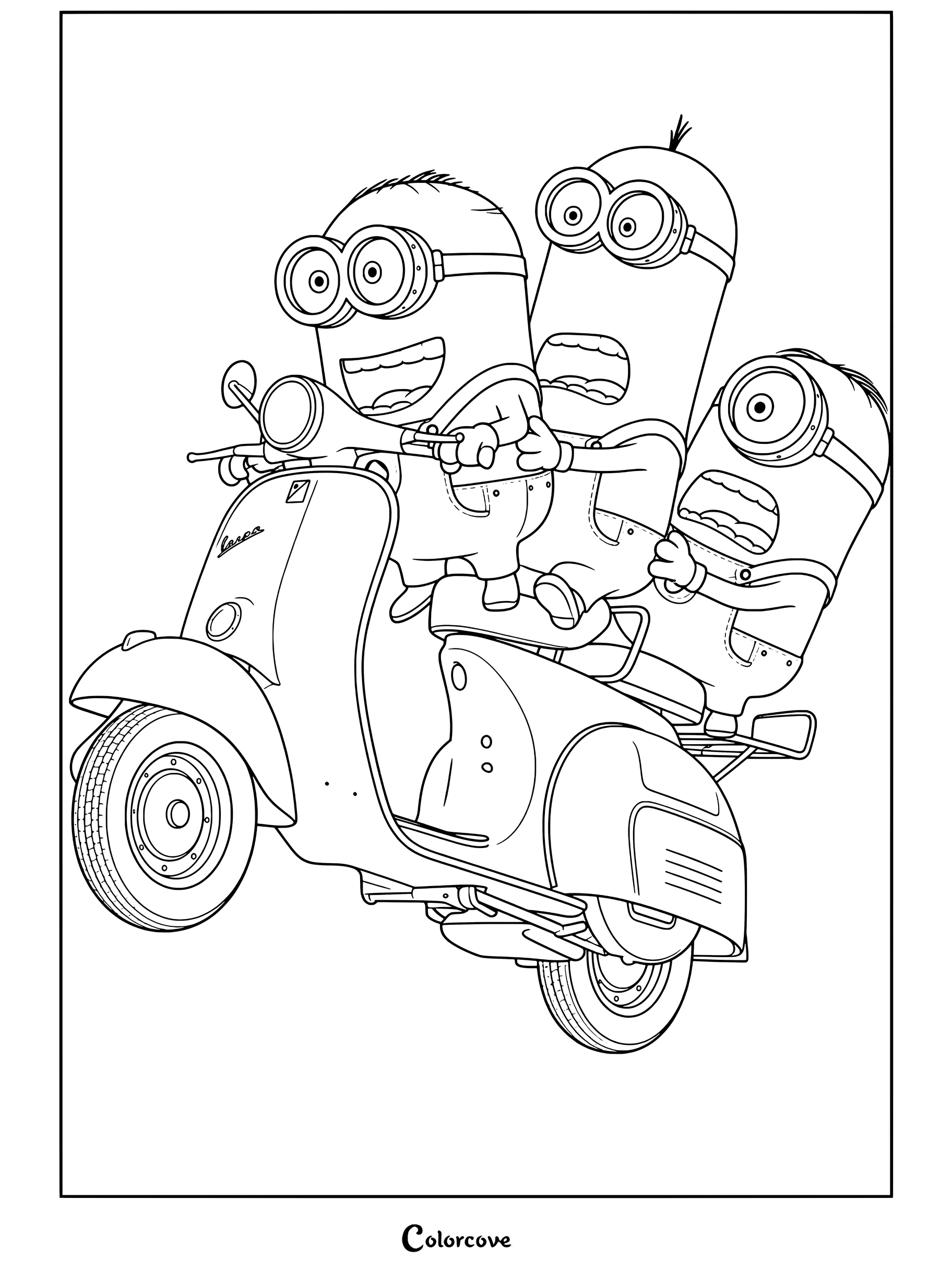 Una página para colorear de tres Minions montando en un scooter Vespa beis haciendo un caballito con expresiones emocionadas