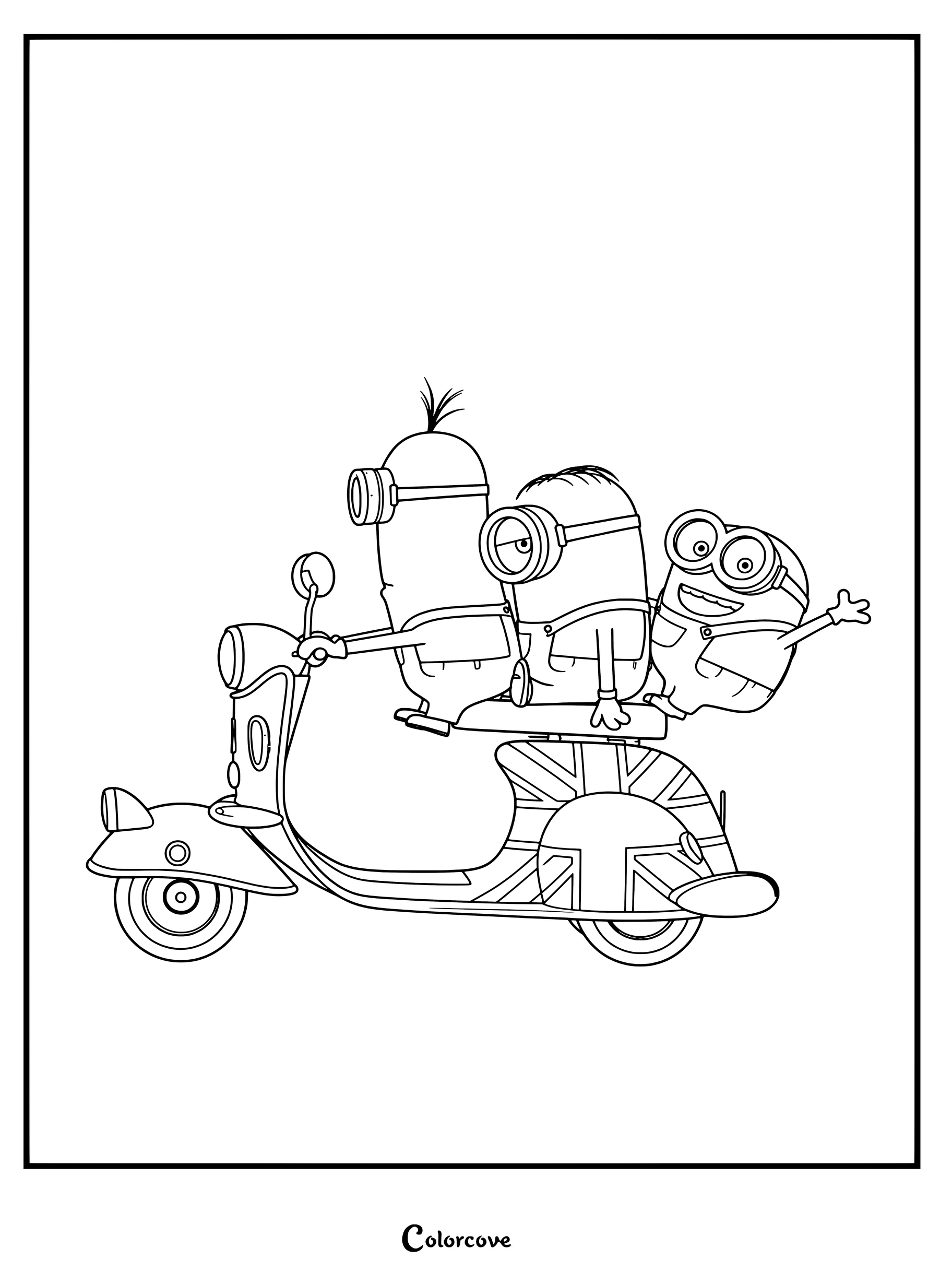 Tres Minions montando juntos en un scooter con la bandera británica Union Jack, página para colorear