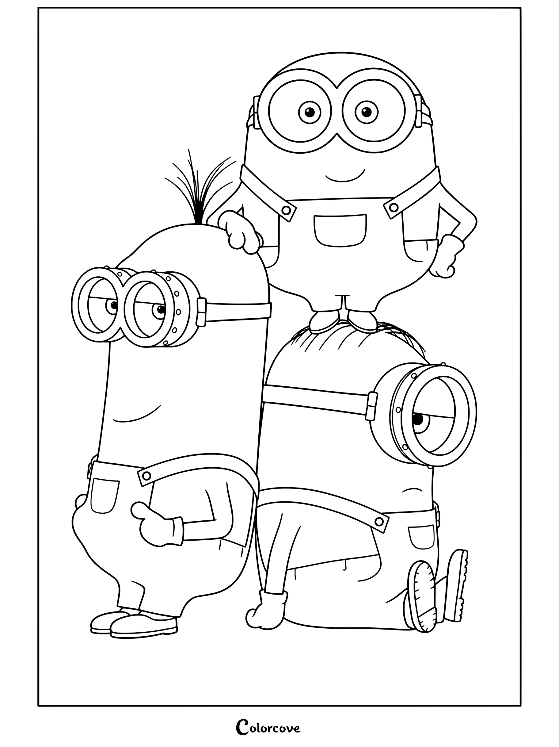 Bob, Kevin y Stuart apilados juntos con petos de mezclilla azul, página para colorear