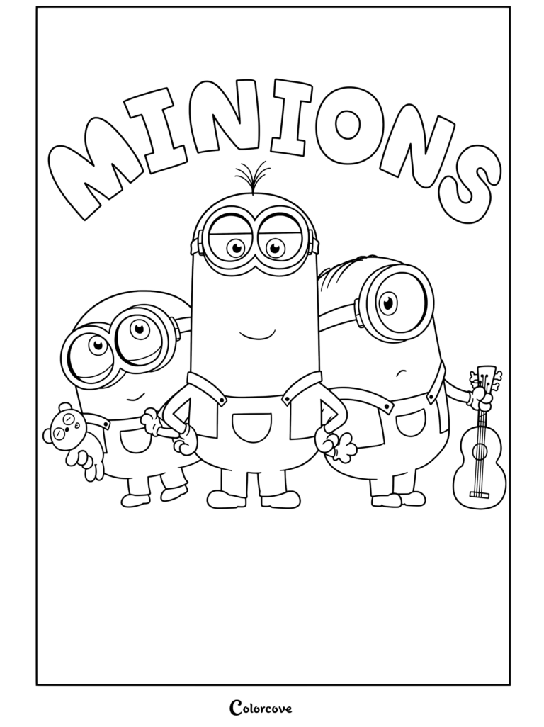 Tres Minions de pie juntos debajo del logotipo de los Minions con un osito de peluche y una guitarra, dibujo para colorear