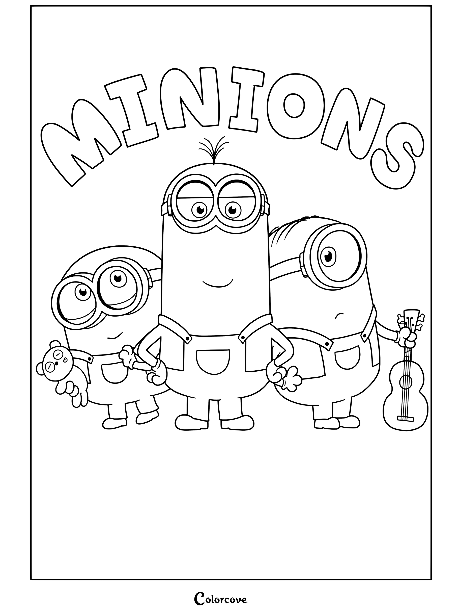 Tres Minions de pie juntos debajo del logotipo de los Minions con un osito de peluche y una guitarra, dibujo para colorear