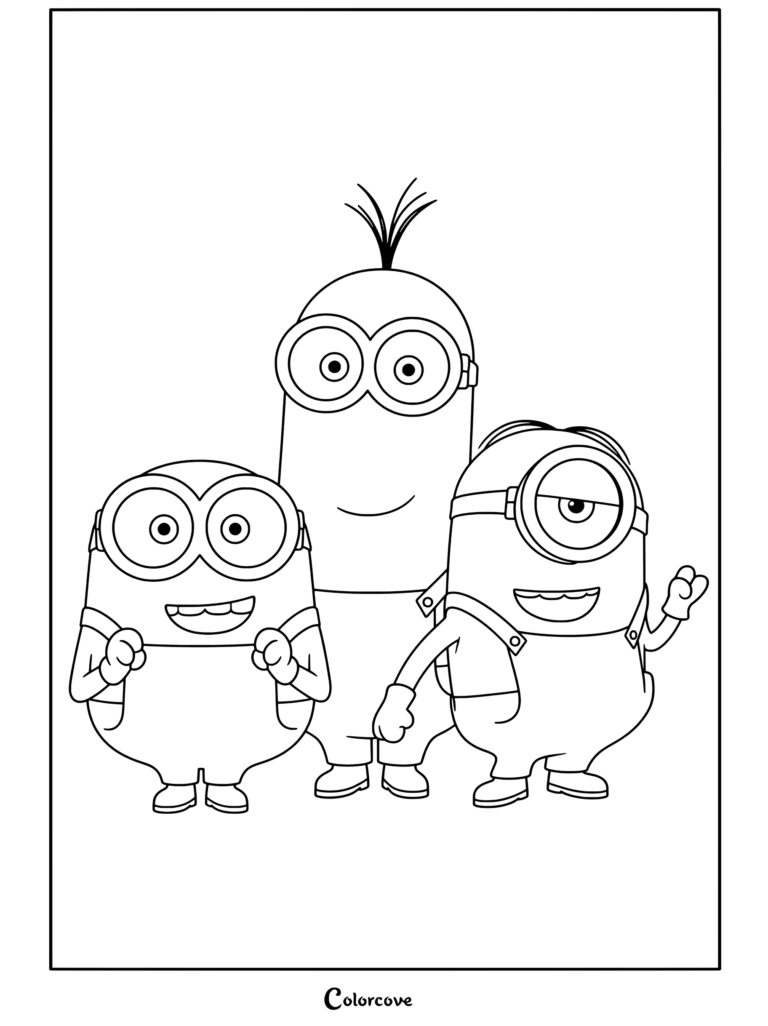 Página para colorear gratuita de tres Minions: Stuart, Kevin y Bob, de pie juntos, sonriendo y usando petos azules