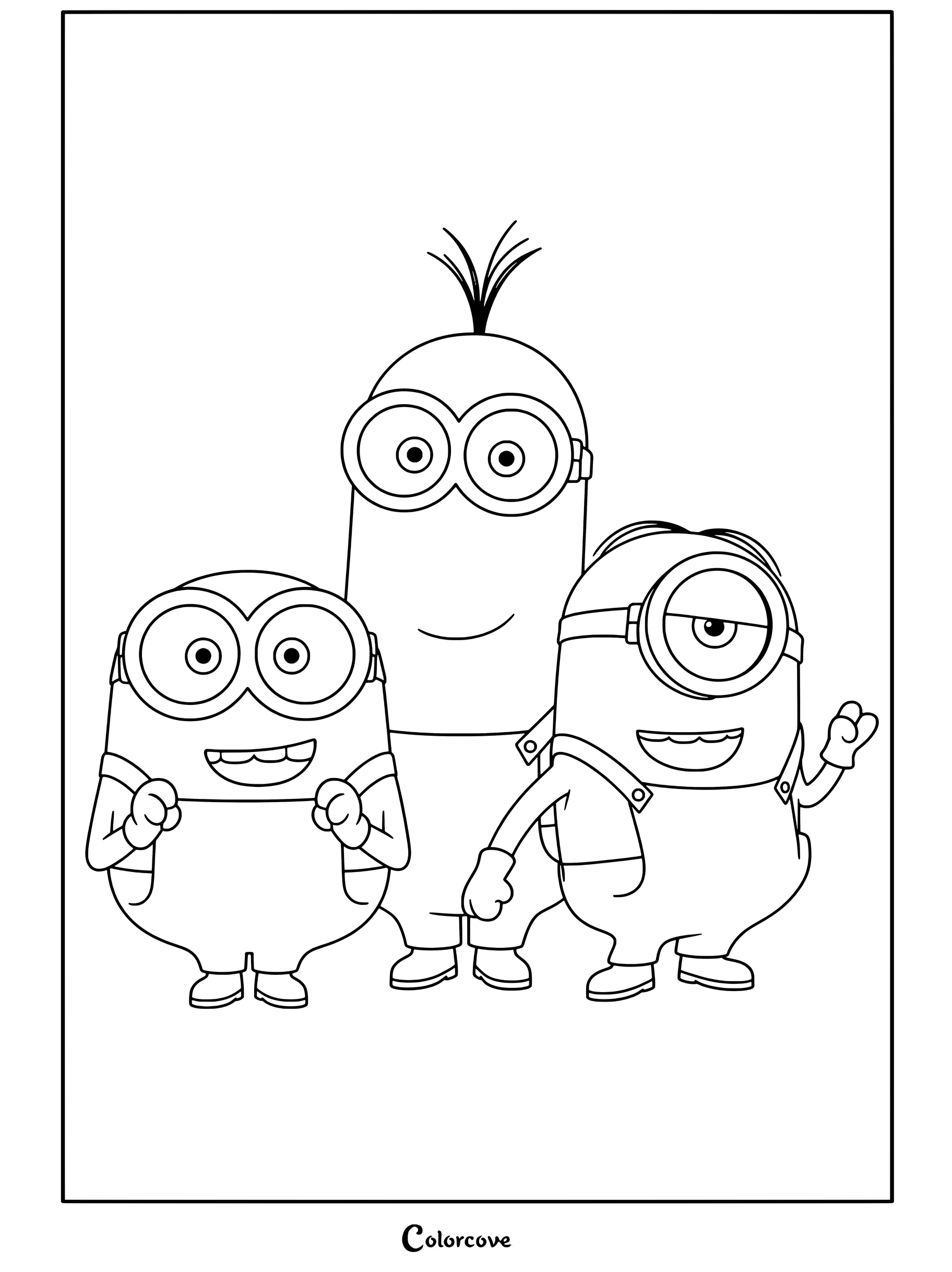 Página para colorear gratuita de tres Minions: Stuart, Kevin y Bob, de pie juntos, sonriendo y usando petos azules