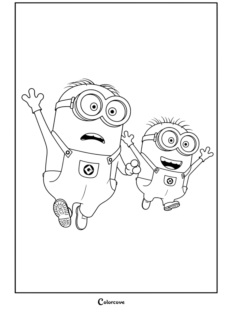 Dos Minions emocionados saltando alegremente mientras llevan petos azules, página para colorear
