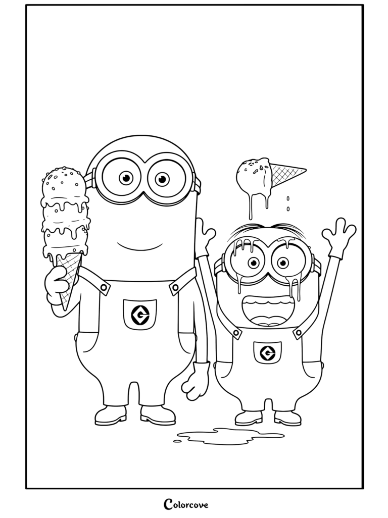 Una página para colorear que muestra a dos Minions sosteniendo conos de helado con bolas rosas y verdes goteando sobre fondo amarillo