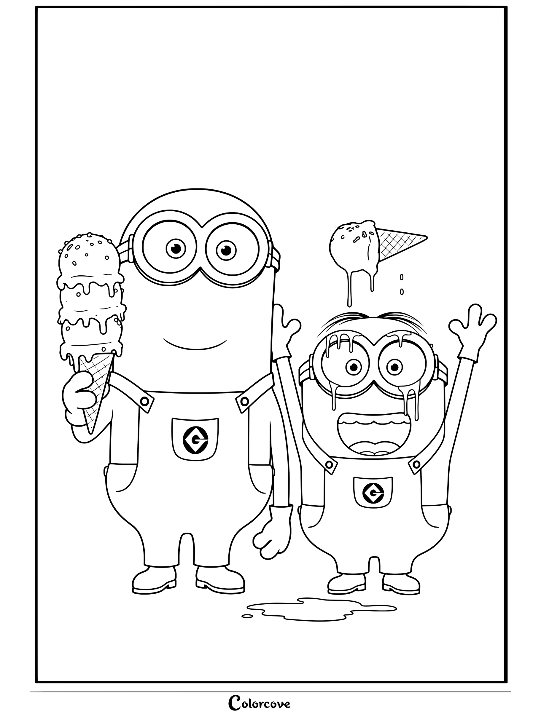 Una página para colorear que muestra a dos Minions sosteniendo conos de helado con bolas rosas y verdes goteando sobre fondo amarillo