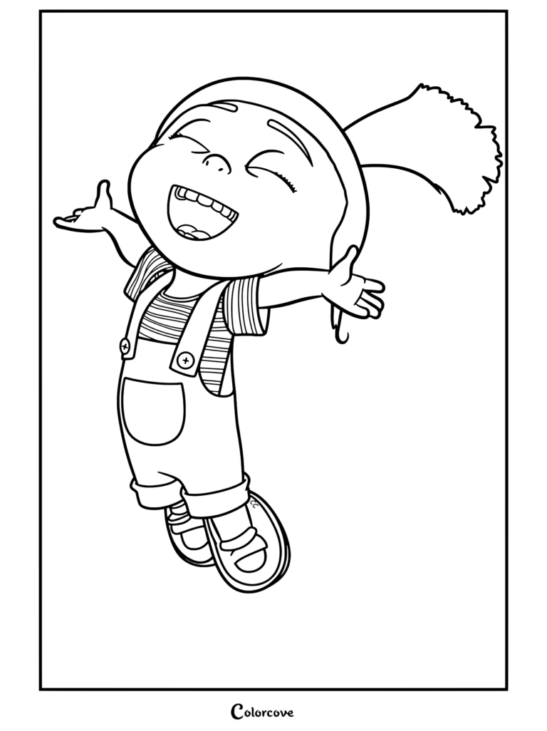 Agnes de Gru, mi villano favorito saltando de alegría y usando peto, página para colorear para los fans de los Minions