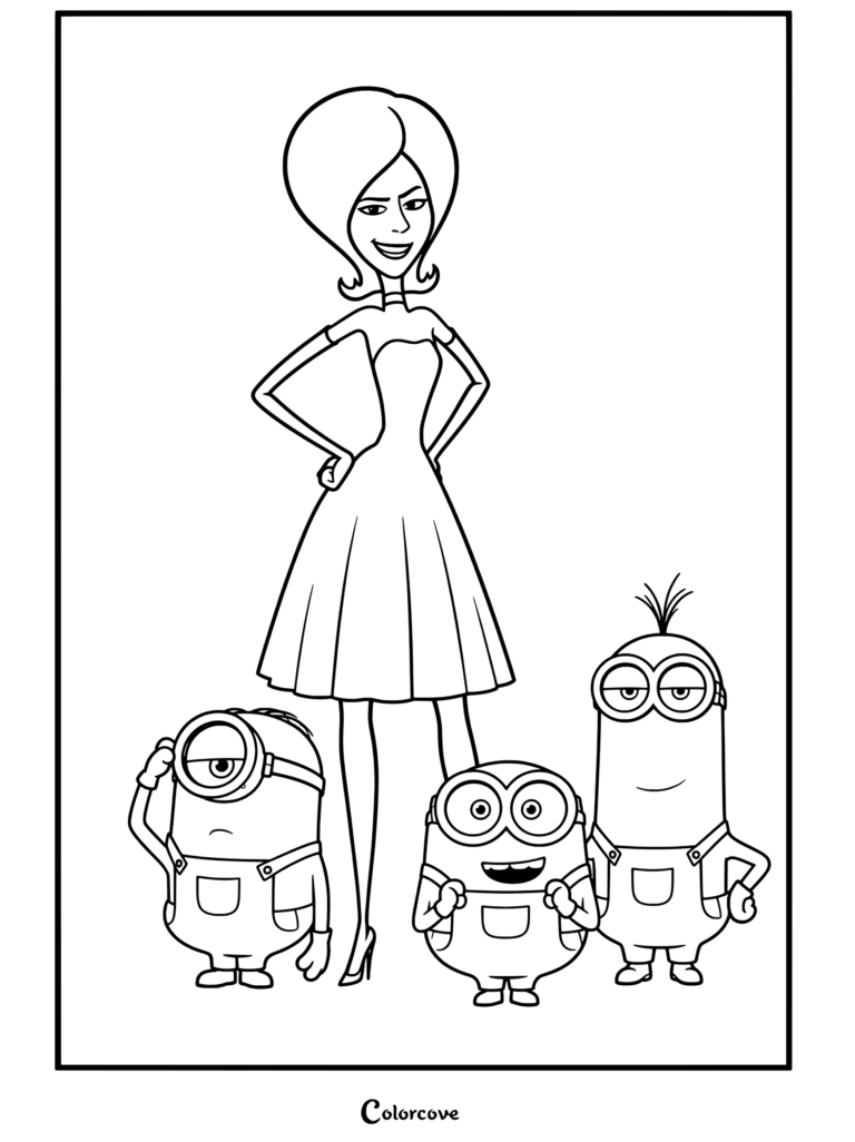 Scarlet Overkill de pie con tres Minions, página para colorear