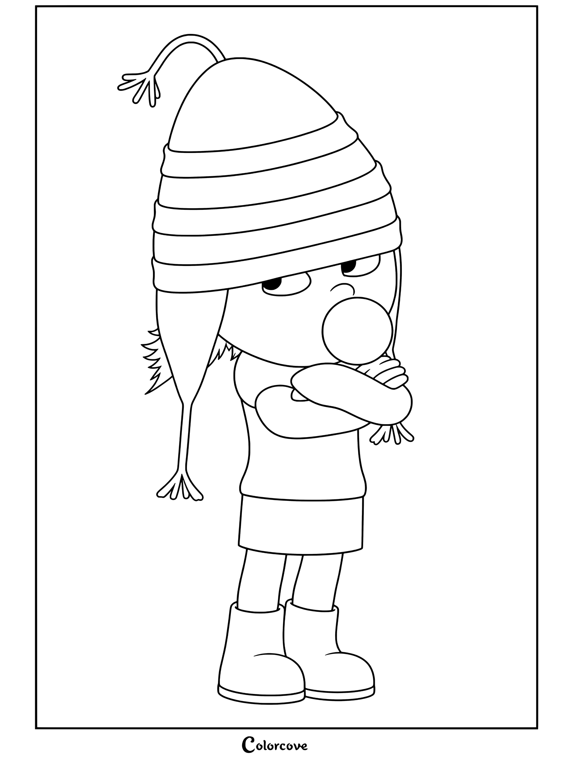Dibujo para colorear imprimible de Agnes Gru de los Minions con un gorro de invierno de rayas y un jersey, haciendo una burbuja de chicle con los brazos cruzados.