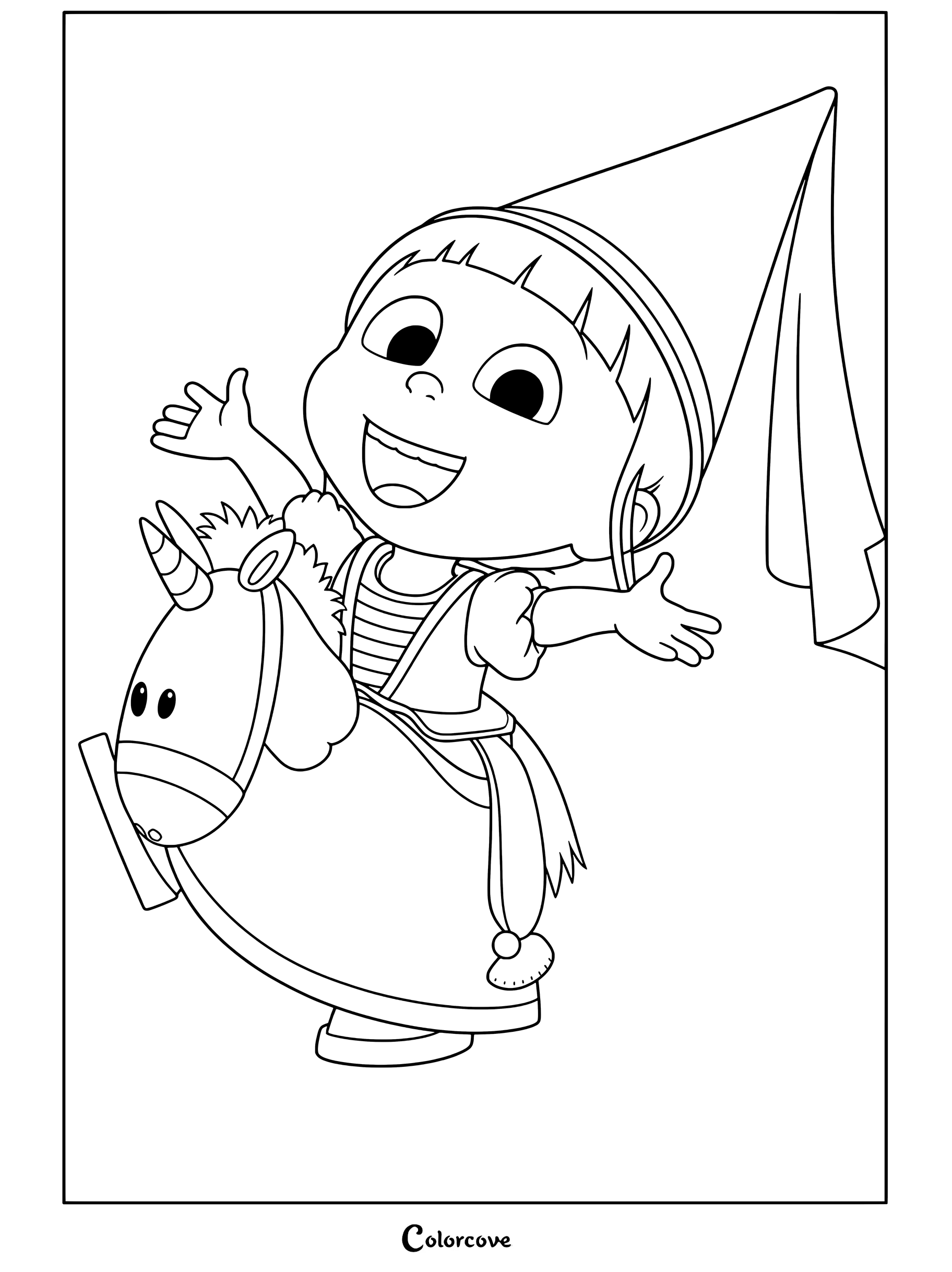 Agnes, la hija adoptiva más pequeña de Gru, vestida de princesa montando en un unicornio de juguete esponjoso con un sombrero puntiagudo azul y saludando felizmente, página para colorear para los fans de los Minions