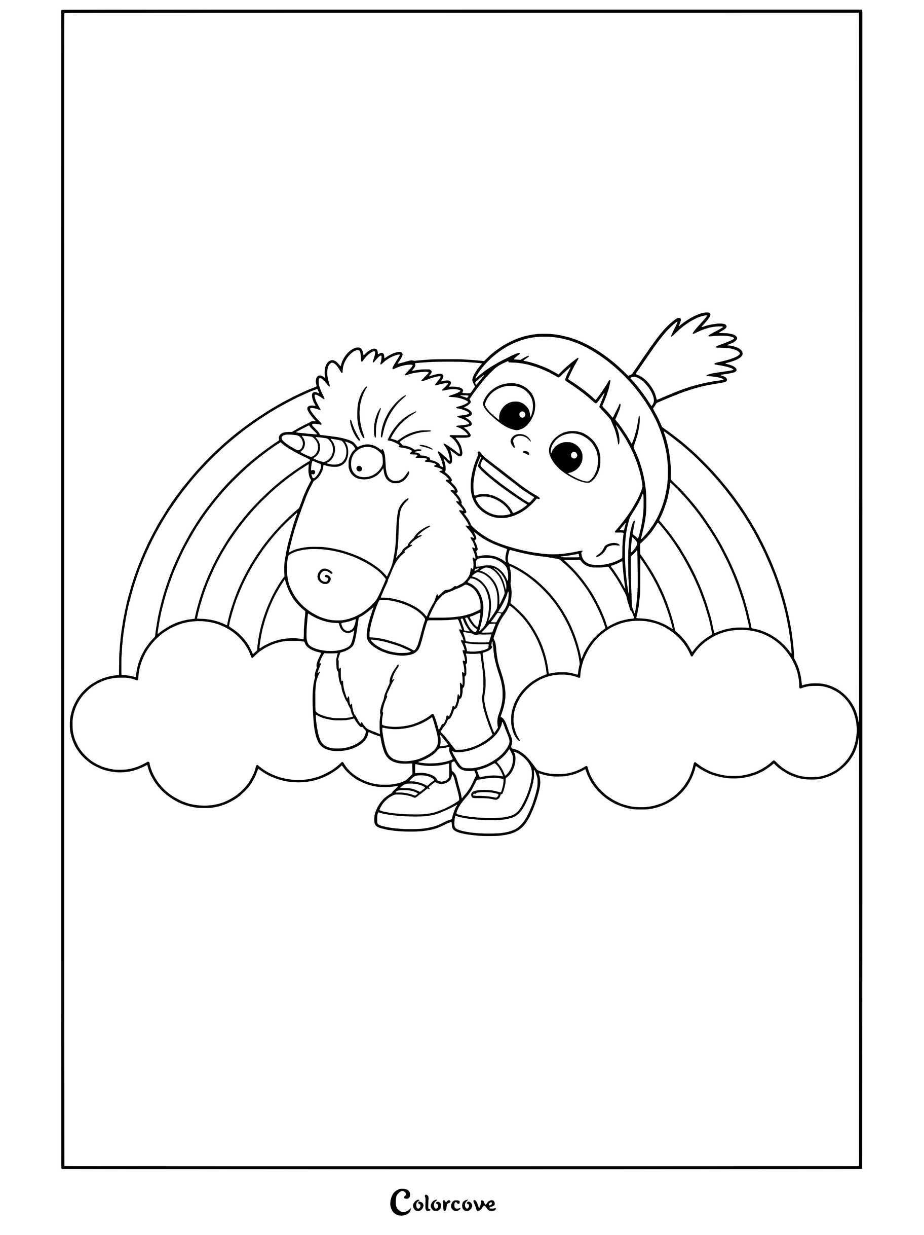 Agnes sosteniendo un unicornio esponjoso con fondo de arcoíris, página para colorear para los fans de los Minions.