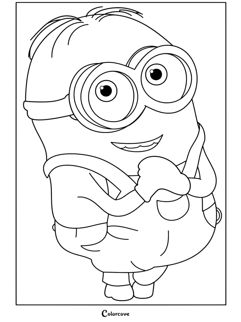 Bob el Minion con peto azul y gafas sonriendo tímidamente con las manos juntas, página para colorear para niños