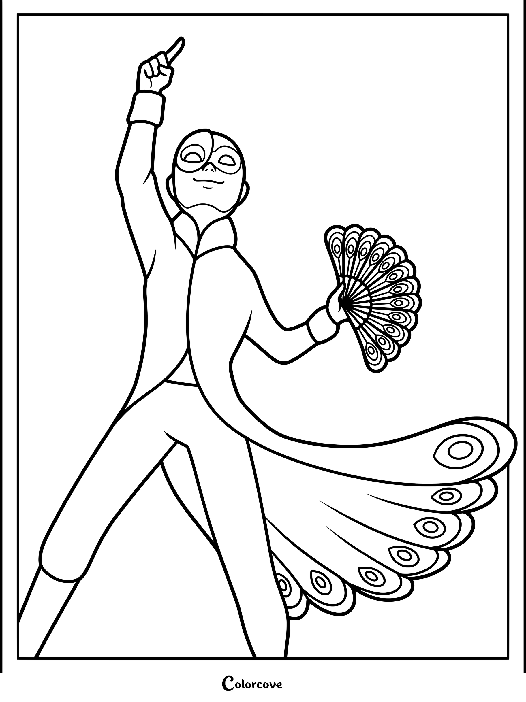 Dibujo para colorear del Maestro Fu de joven transformado usando el Prodigio del Pavo Real
