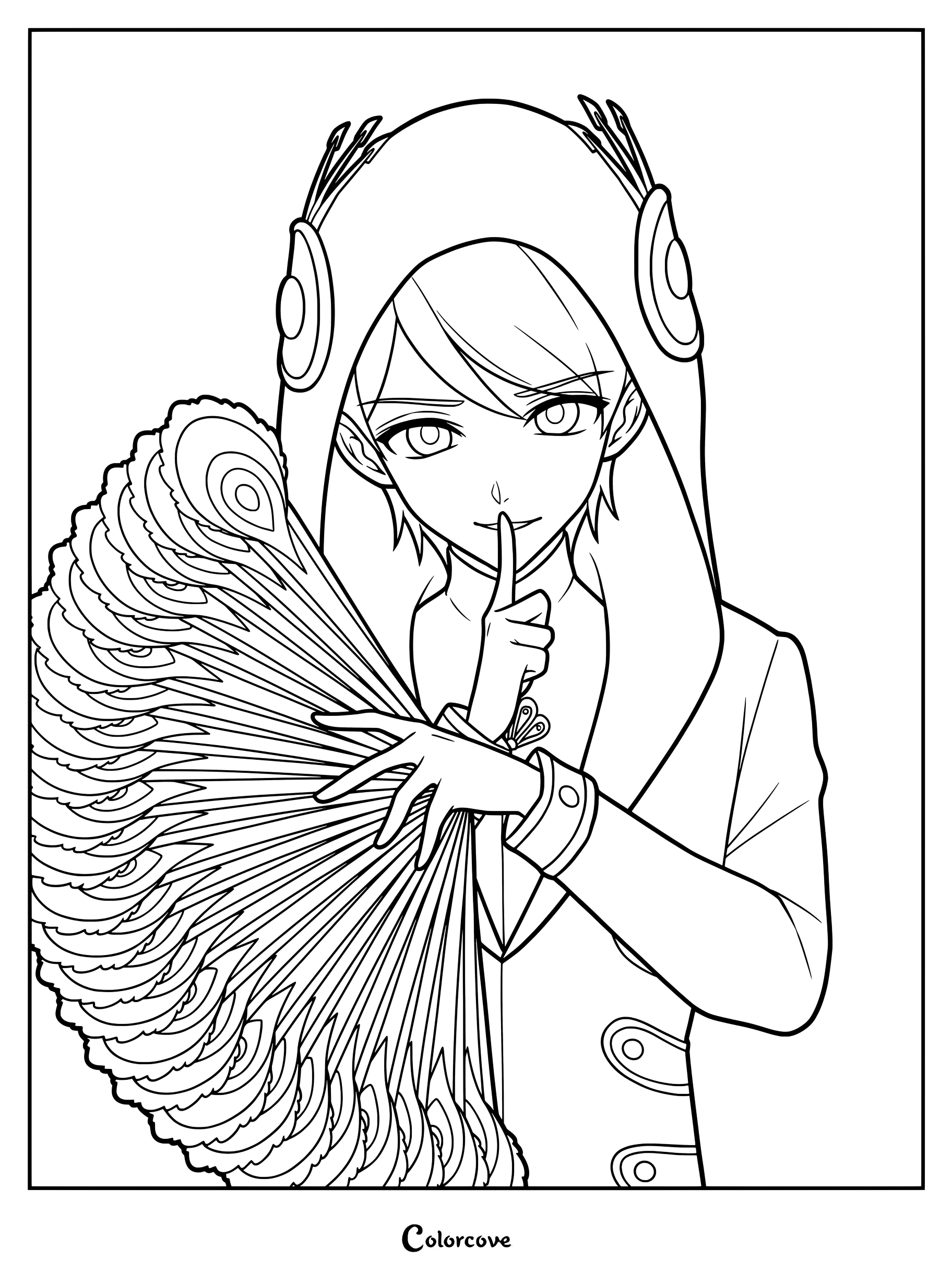 Félix Fathom como su identidad de supervillano Argos de Miraculous Ladybug sosteniendo un abanico de plumas de pavo real en un dibujo para colorear