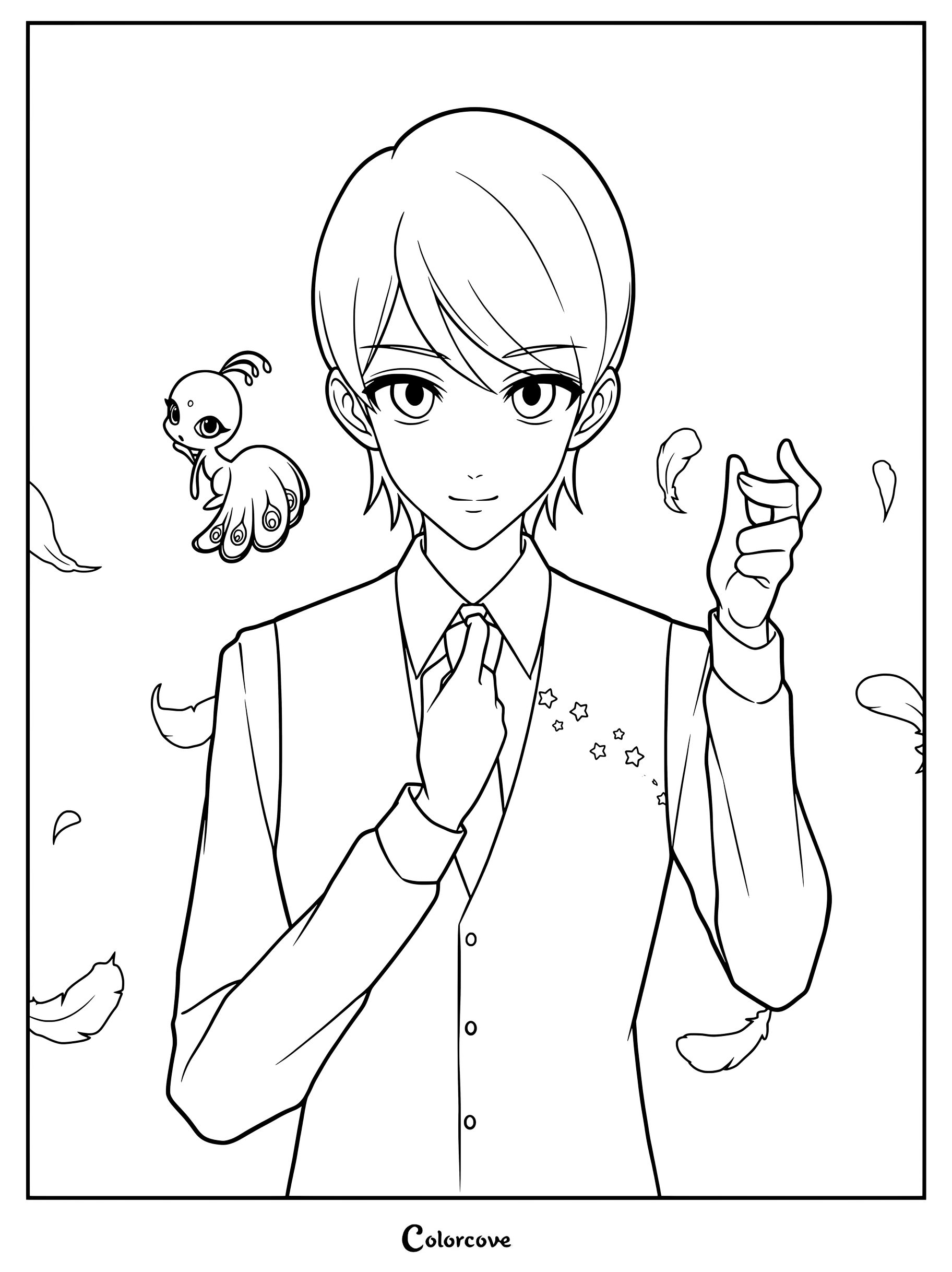 Félix Fathom como su identidad de supervillano, Argos, posando con su kwami Duusu y plumas flotantes en este dibujo para colorear imprimible