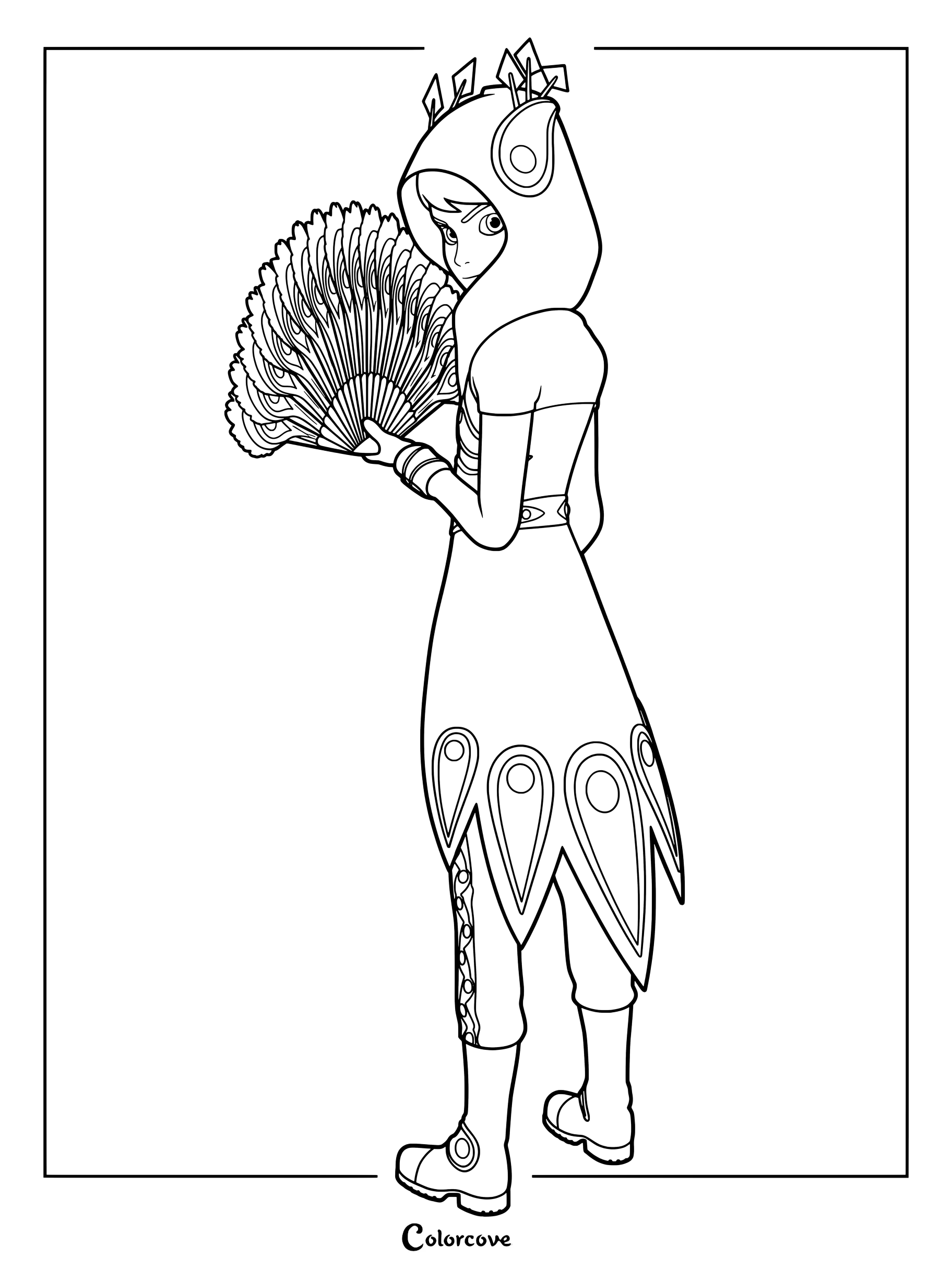 Dibujo para colorear de Félix Fathom como Argos sosteniendo un gran abanico de plumas en Miraculous Ladybug