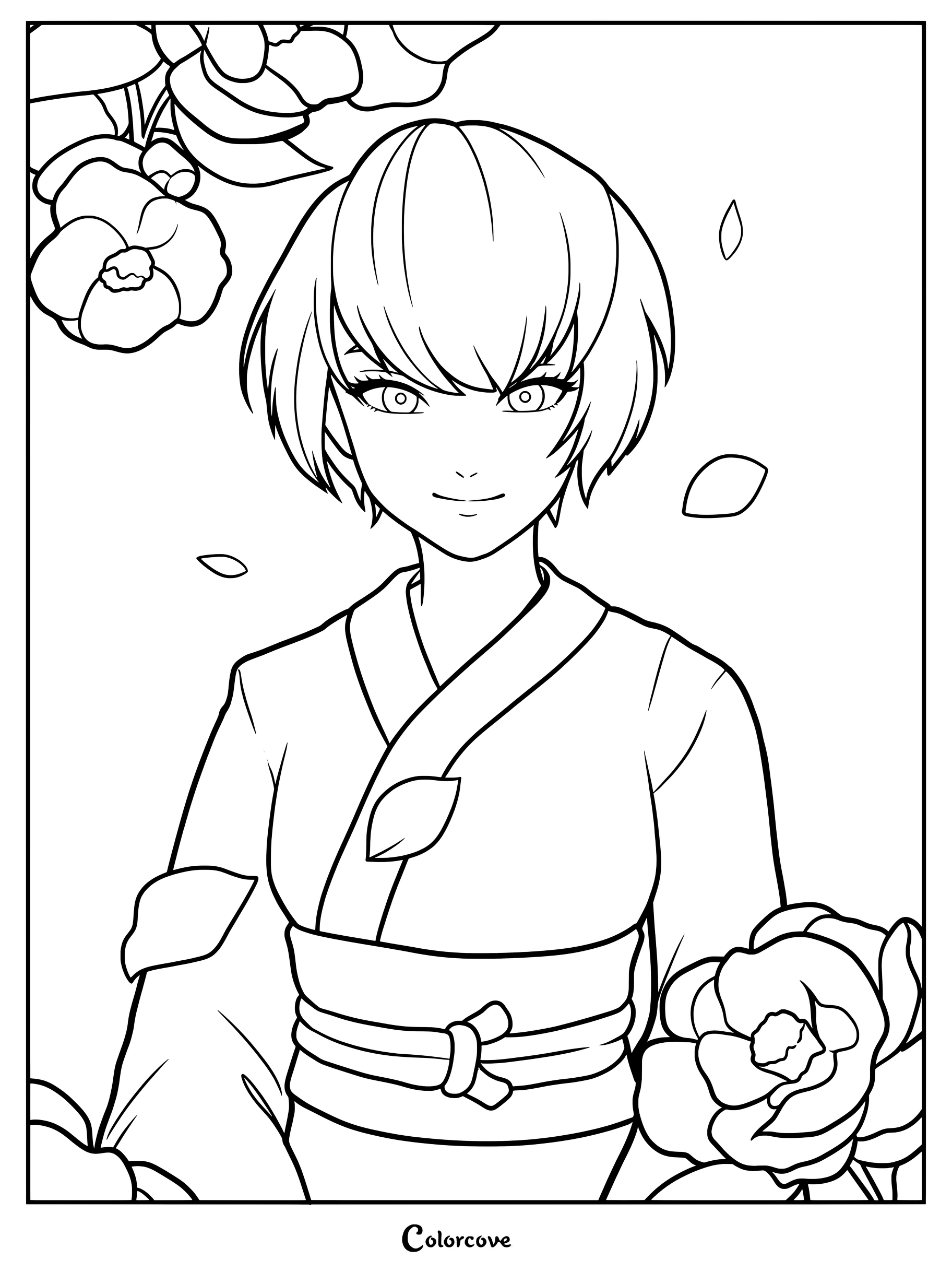 Página para colorear imprimible de Kagami Tsurugi vistiendo un kimono tradicional rodeada de flores