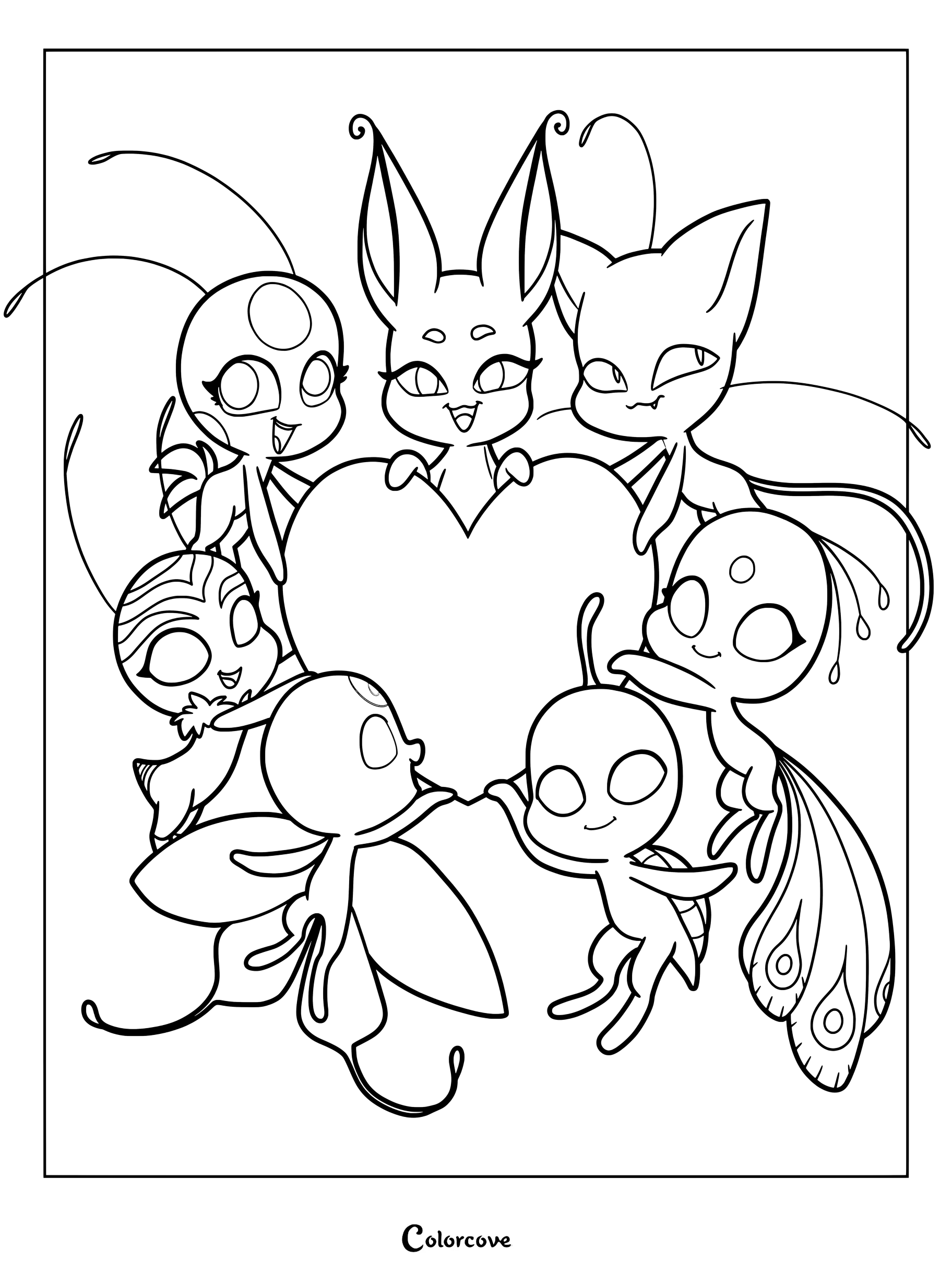 Dibujo para colorear de Kwamis de Miraculous Ladybug con varios personajes kwami rodeando un gran corazón.