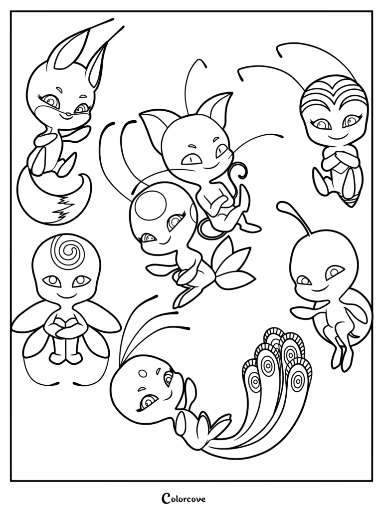 Coloriage d'un groupe de Kwamis de Miraculous Ladybug avec Trixx, Plagg, Tikki et d'autres créatures magiques