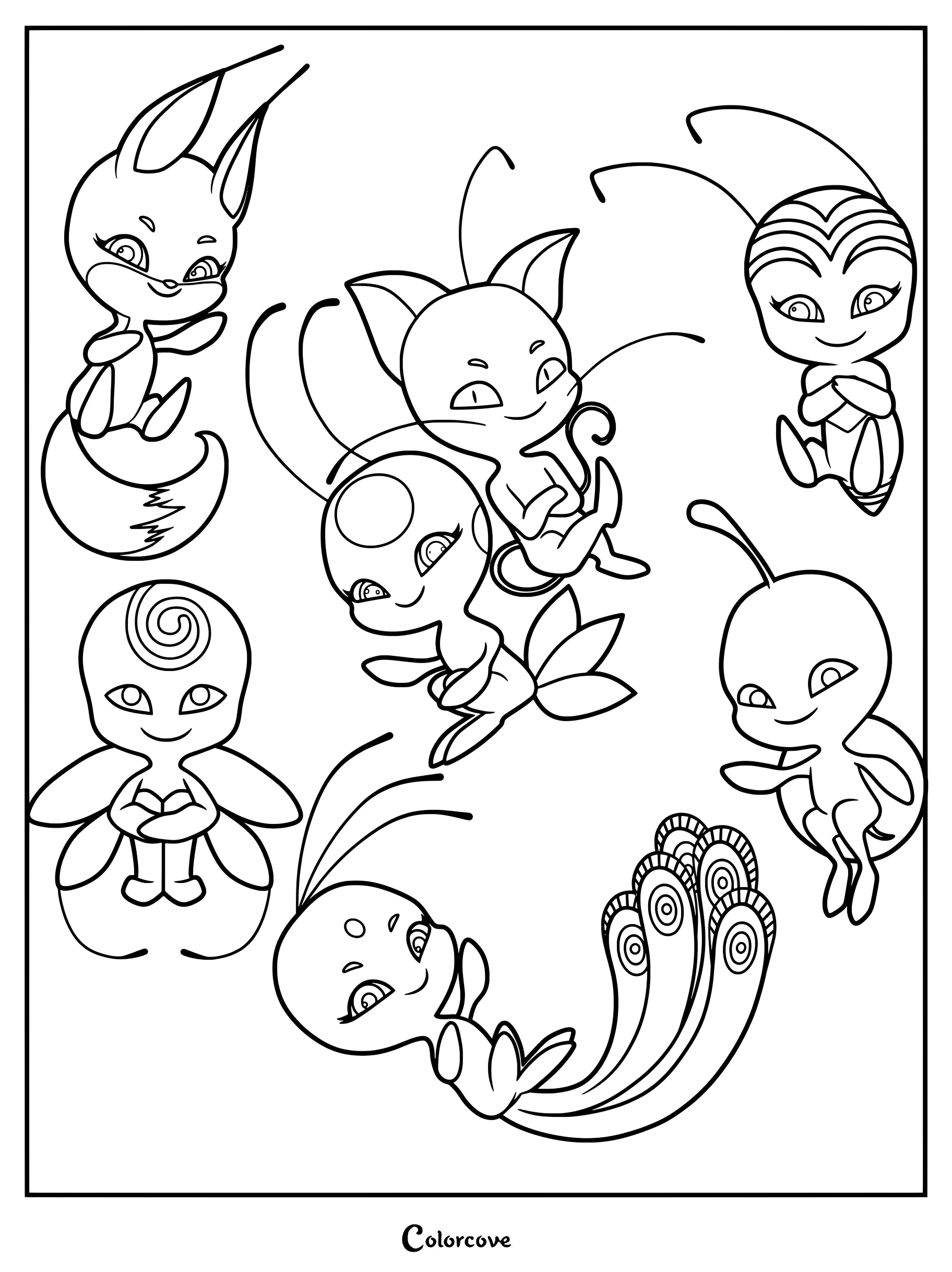 Dibujo para colorear de un grupo de Kwamis de Miraculous Ladybug con Trixx, Plagg, Tikki y otras criaturas mágicas