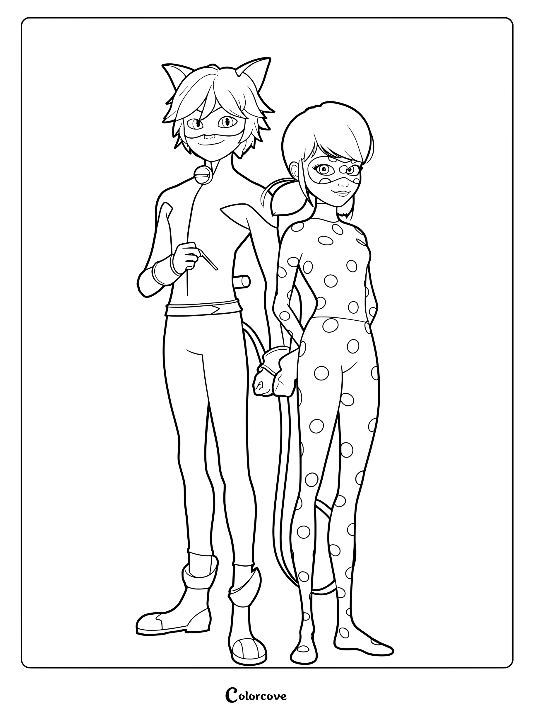Ladybug y Cat Noir de pie uno al lado del otro en una página para colorear