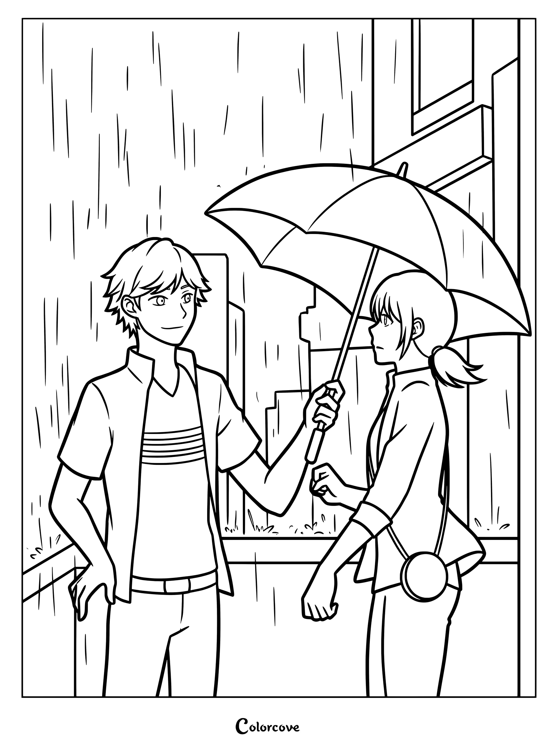 Página para colorear de Adrien y Marinette bajo la lluvia