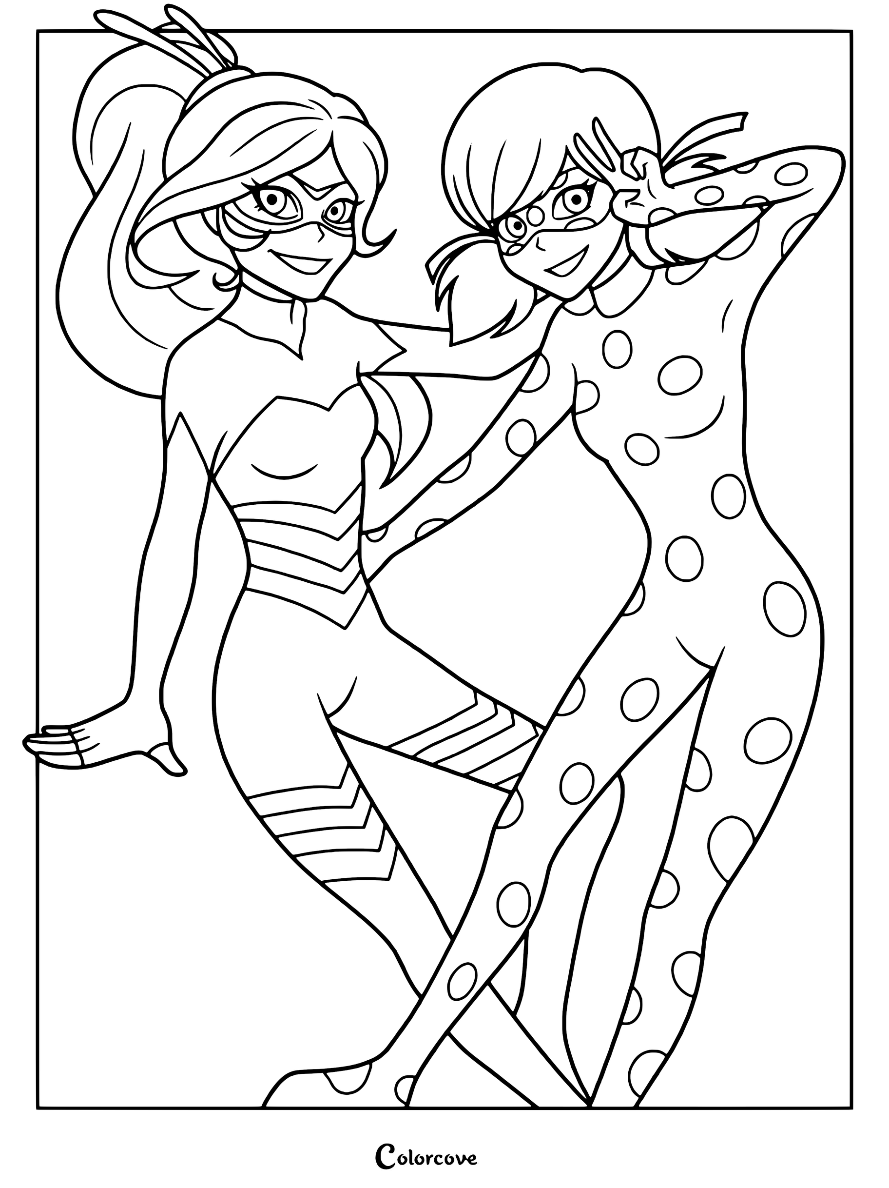 Página para colorear de Ladybug y Reina Aguijón con ambas heroínas posando juntas