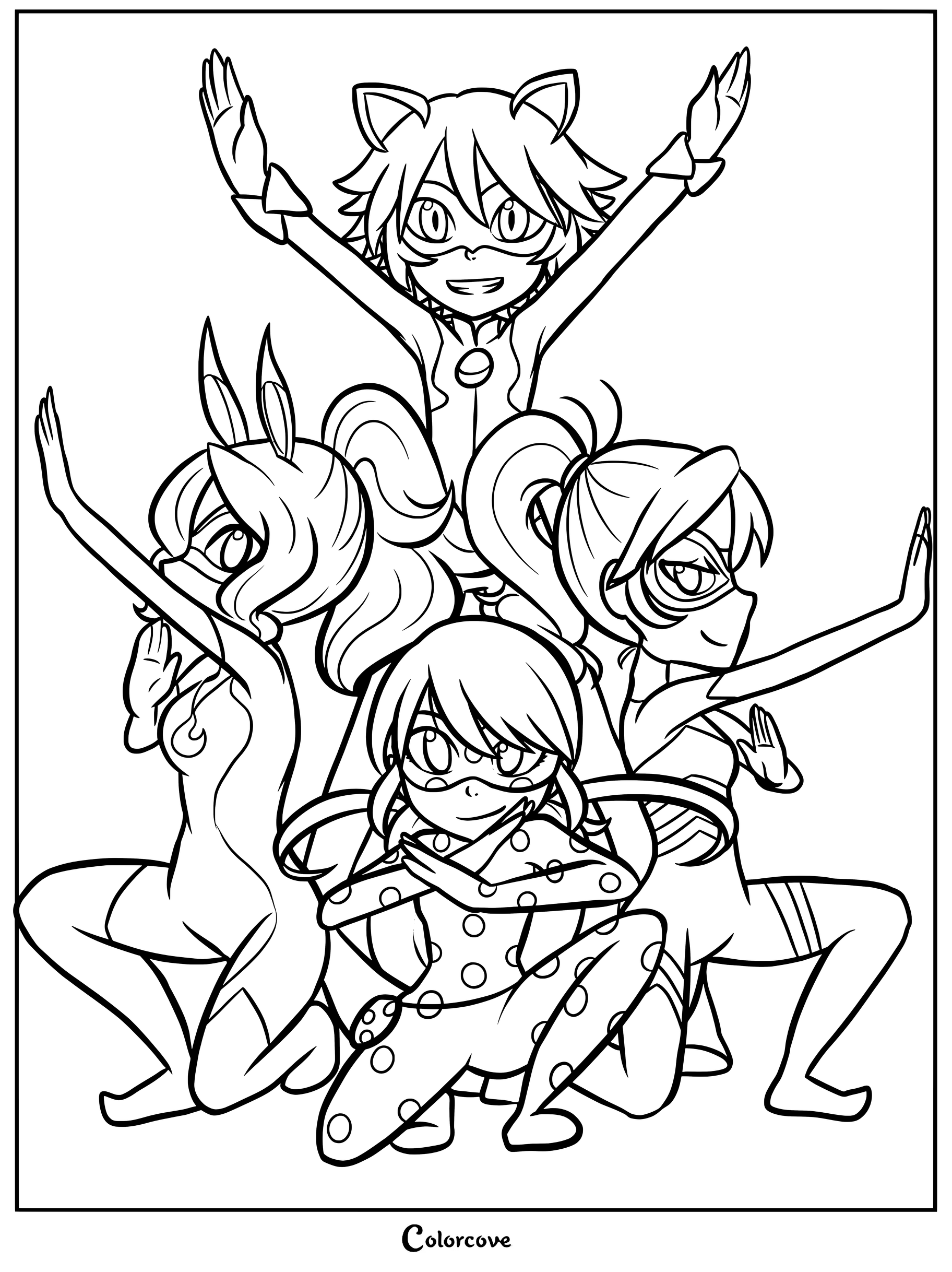 Ladybug, Cat Noir, Rena Rouge y Reina Aguijón posando juntos en una página para colorear imprimible