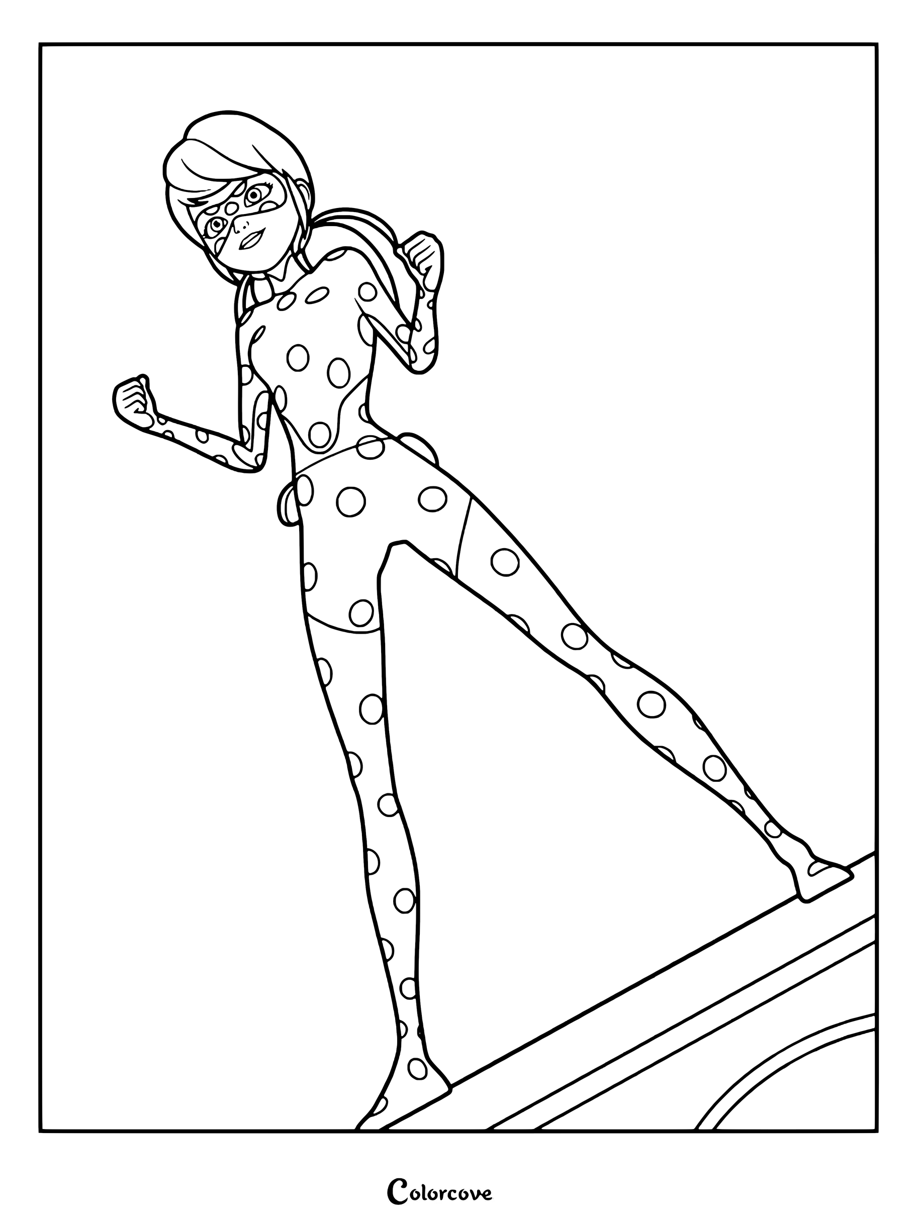 Dibujo para colorear de Ladybug que muestra a la heroína haciendo una pose dinámica en un tejado