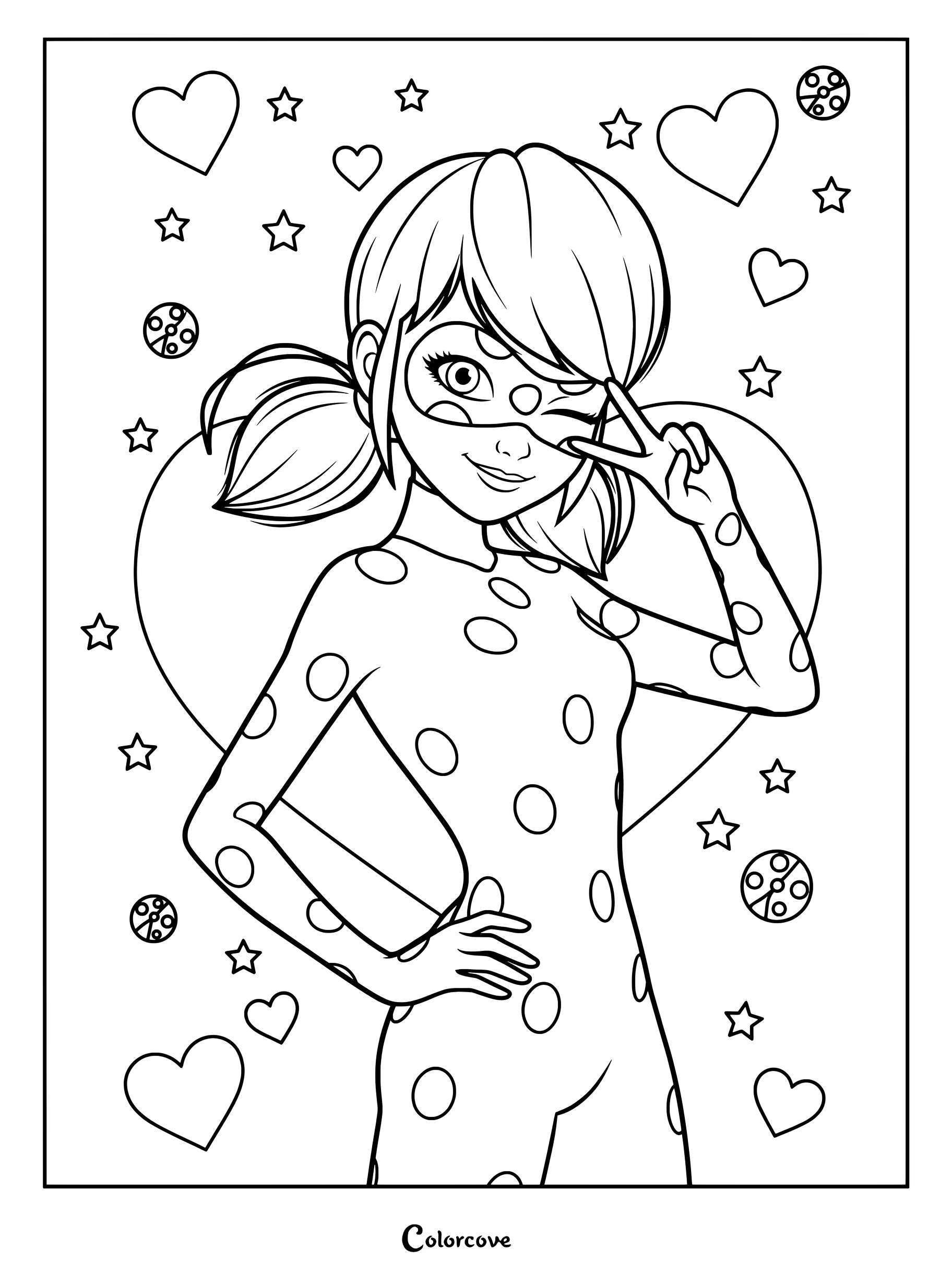 Página para colorear de Ladybug con la superheroína guiñando un ojo y haciendo la señal de la paz entre corazones y estrellas