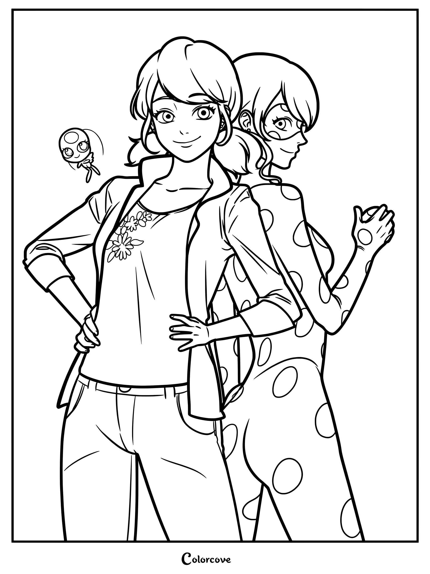 Página para colorear de Marinette Dupain-Cheng junto a su alter ego de superheroína, Ladybug