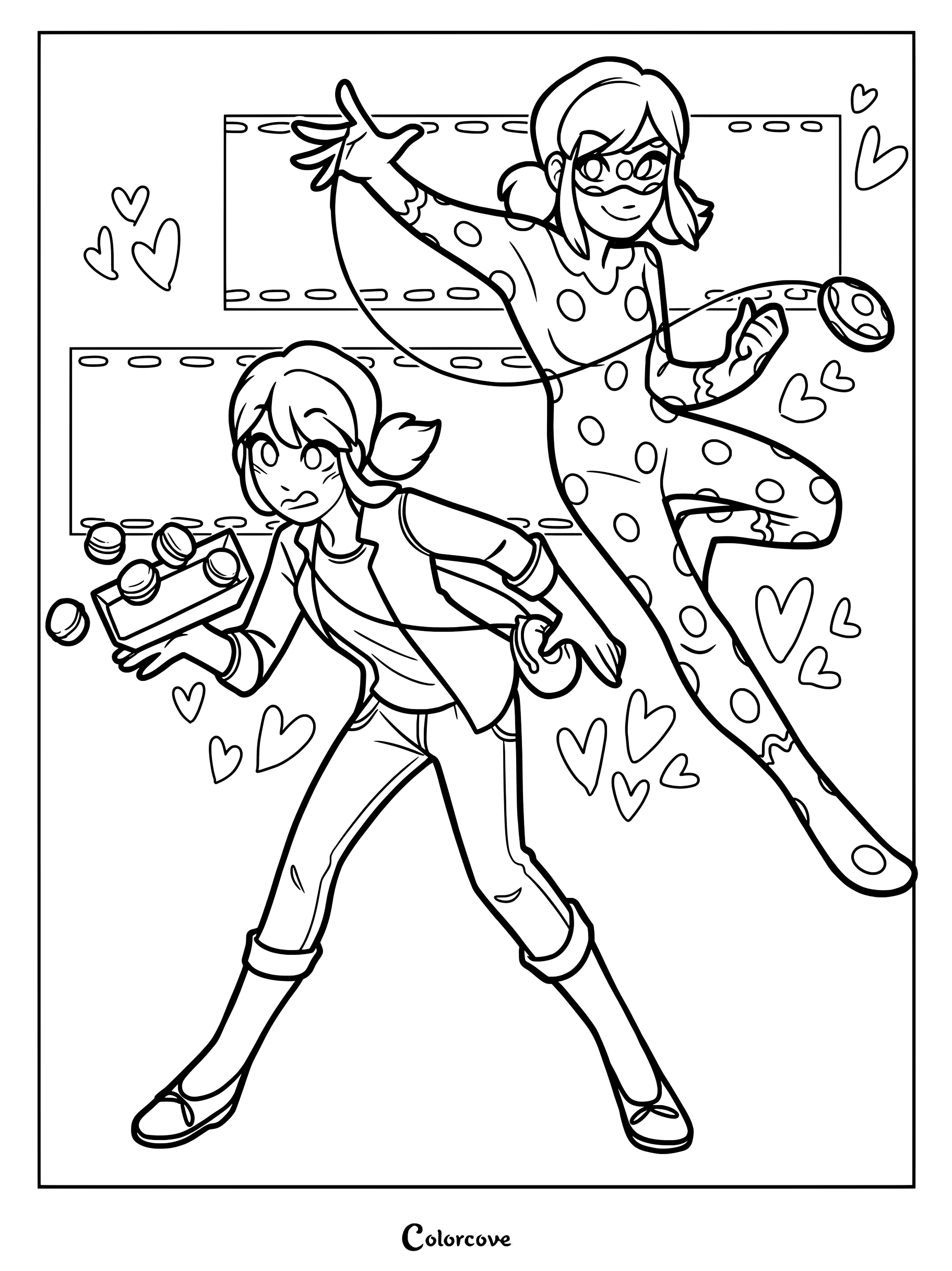 Dibujo para colorear imprimible de Marinette Dupain-Cheng dejando caer macarons junto a su alter ego de superheroína, Ladybug