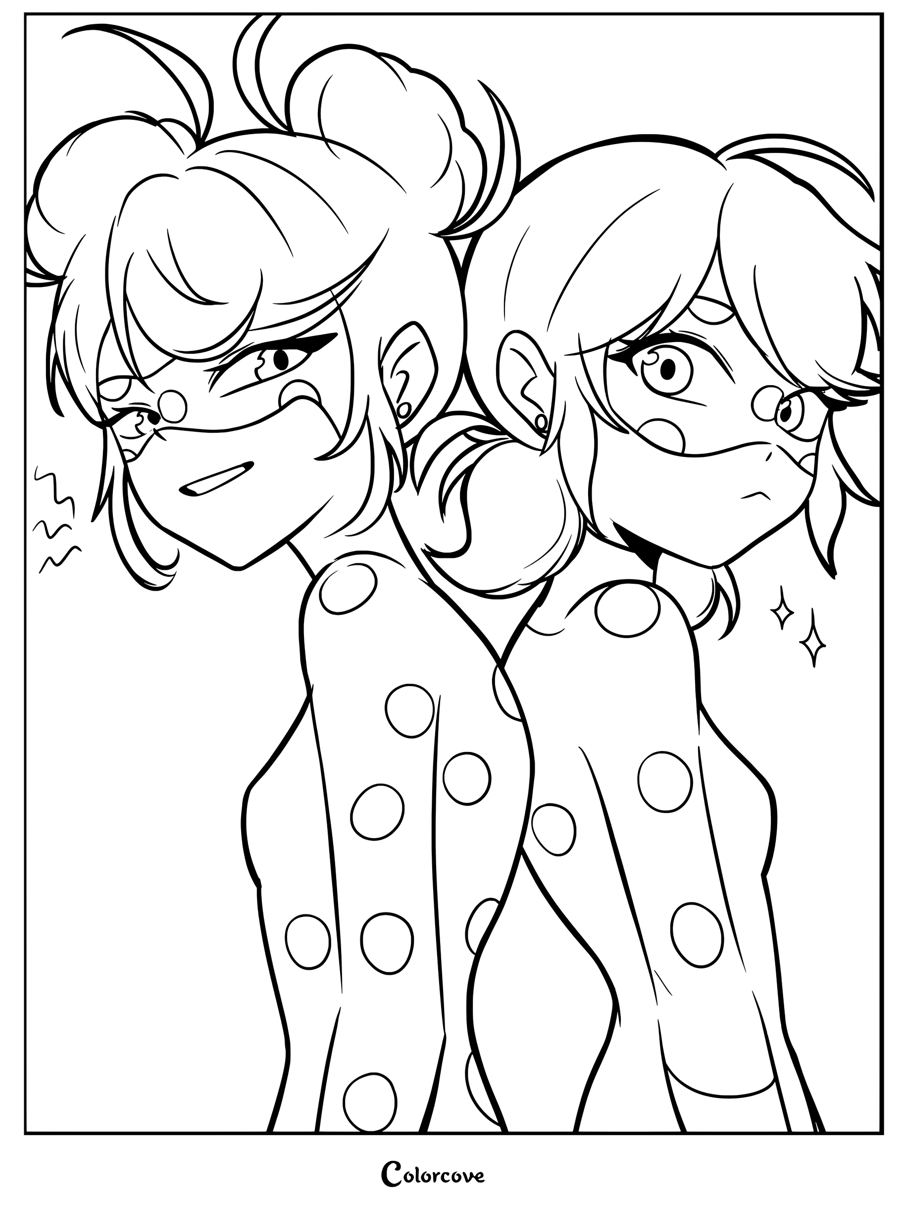 Dibujo para colorear de Marinette Dupain-Cheng como Ladybug junto a su contraparte del universo alternativo, Shadybug