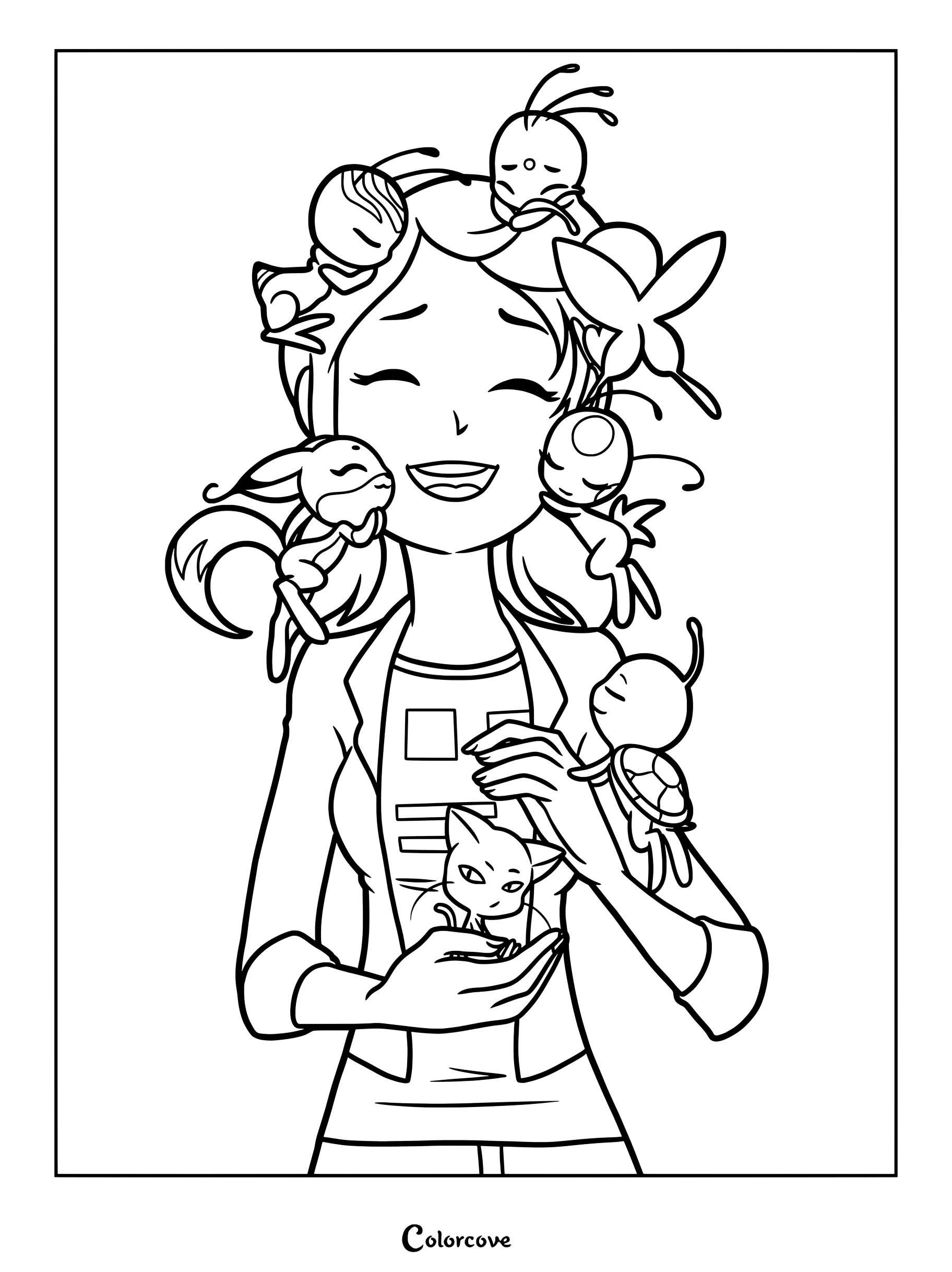 Dibujo para colorear de Marinette Dupain-Cheng como la Guardián de los Prodigios, felizmente rodeada por un grupo de Kwamis
