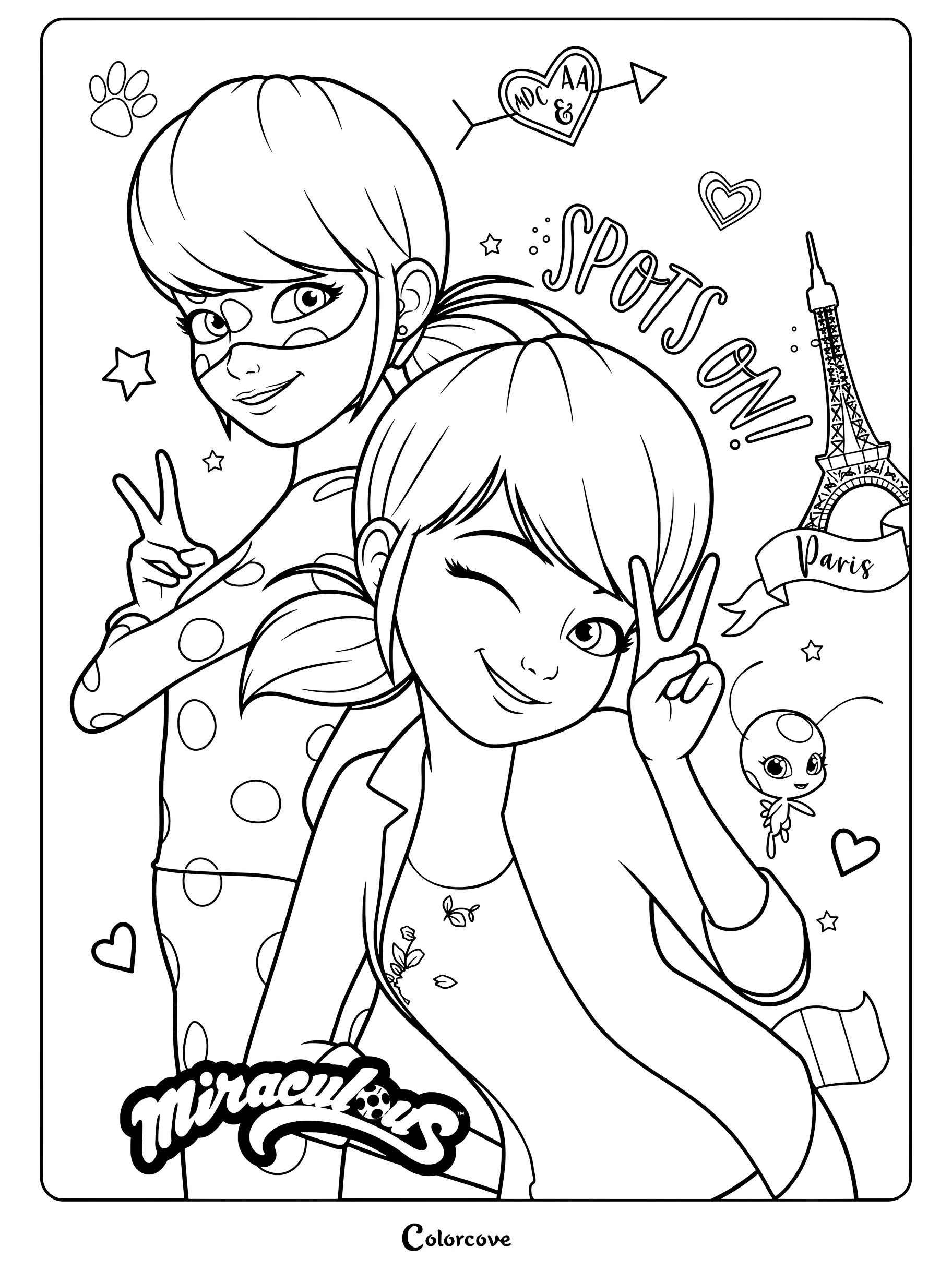 Página para colorear de Marinette Dupain-Cheng con su ropa cotidiana junto a su alter ego de superheroína, Ladybug, de Miraculous Ladybug