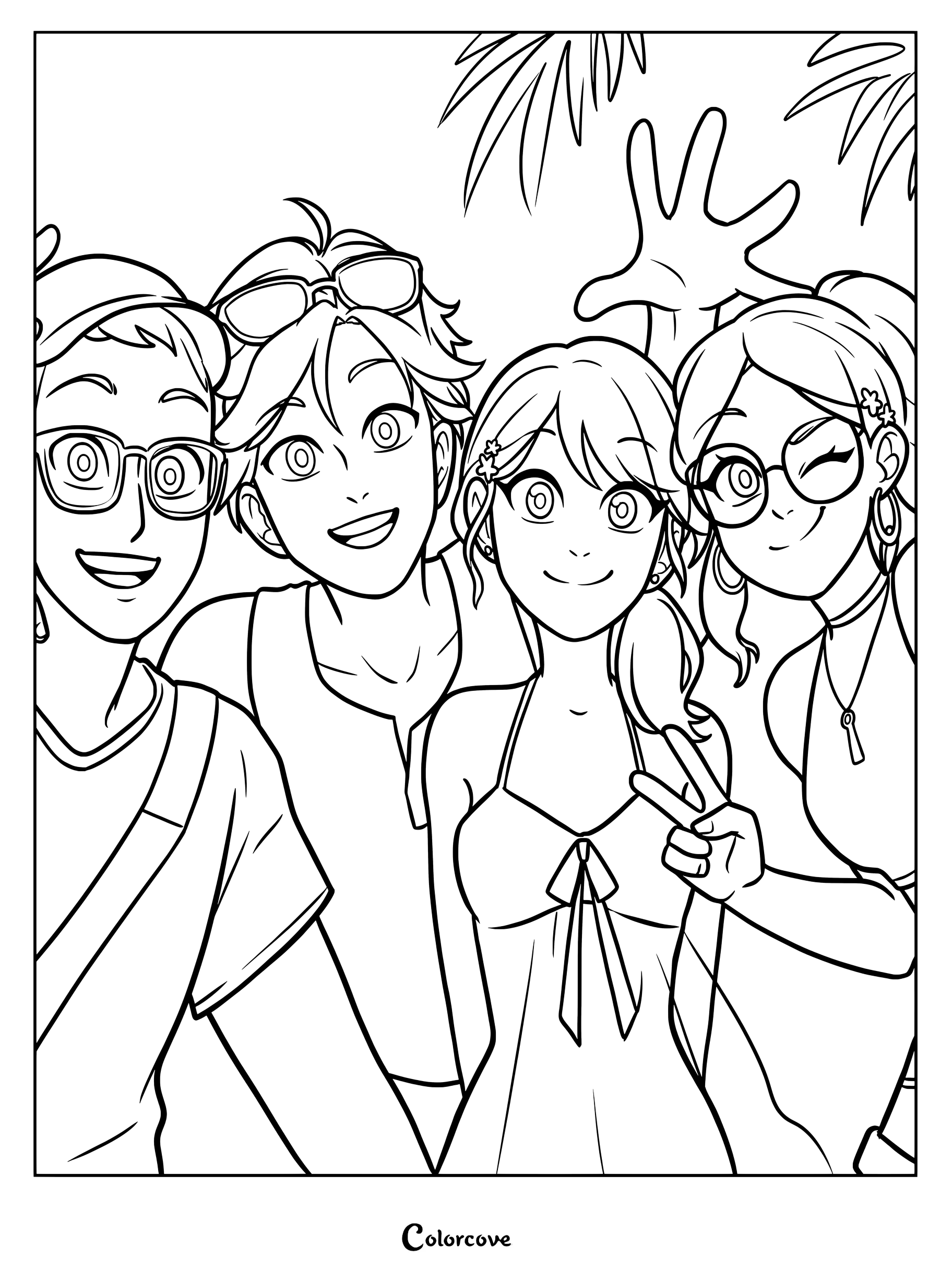 Página para colorear imprimible de Marinette y Adrien junto a Alya y Nino posando alegremente juntos