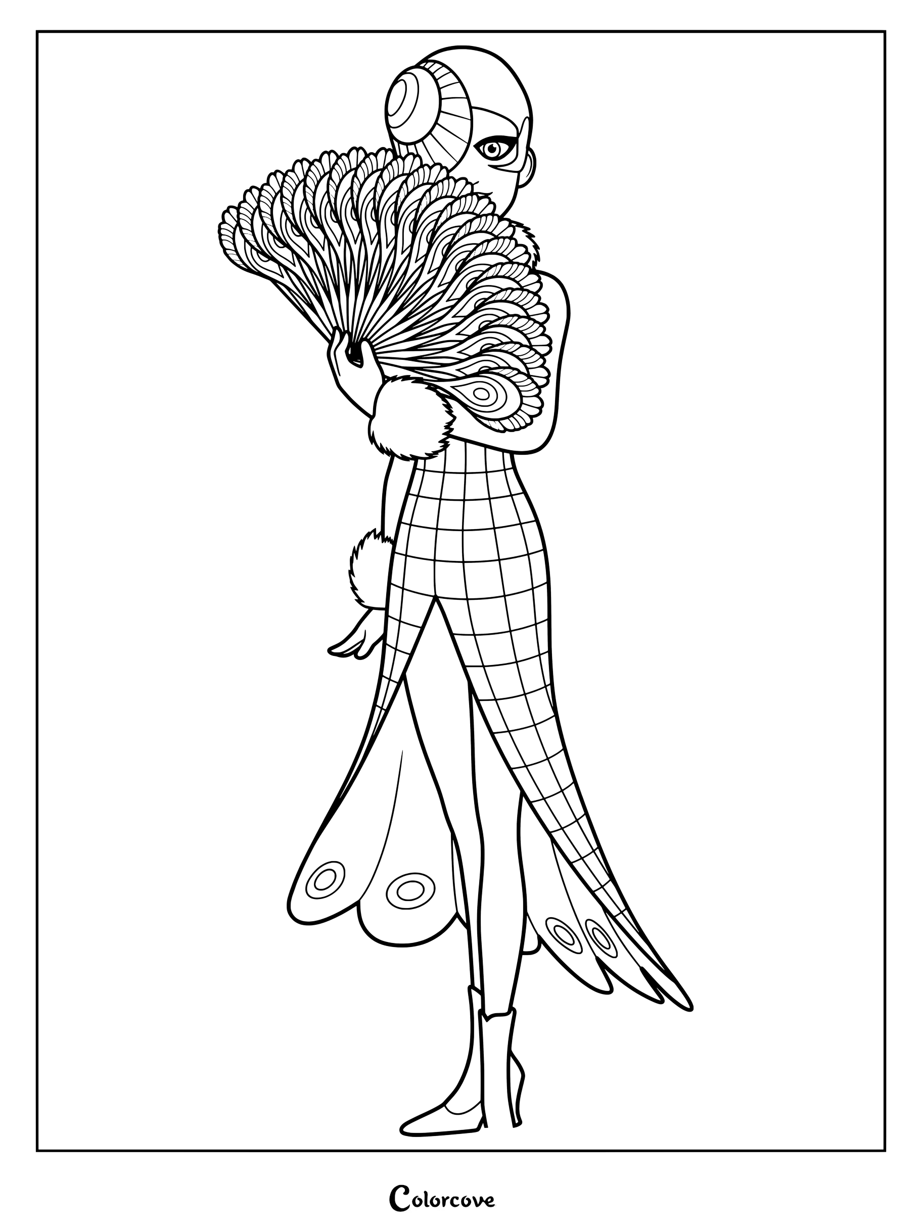 Dibujo para colorear imprimible de Mayura de Miraculous Ladybug sosteniendo un gran abanico de plumas