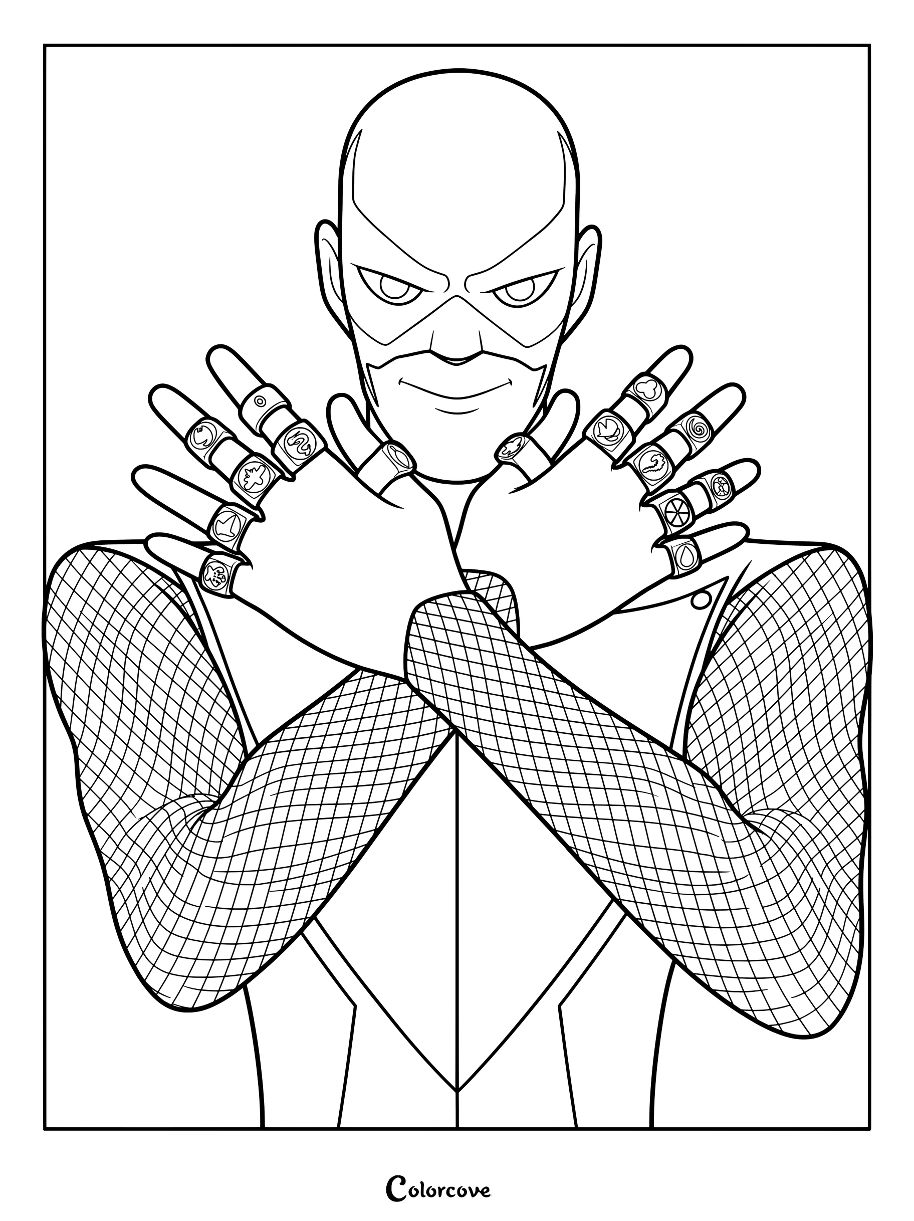 Dibujo para colorear de Monarca mostrando al villano con todos los Prodigios en sus dedos