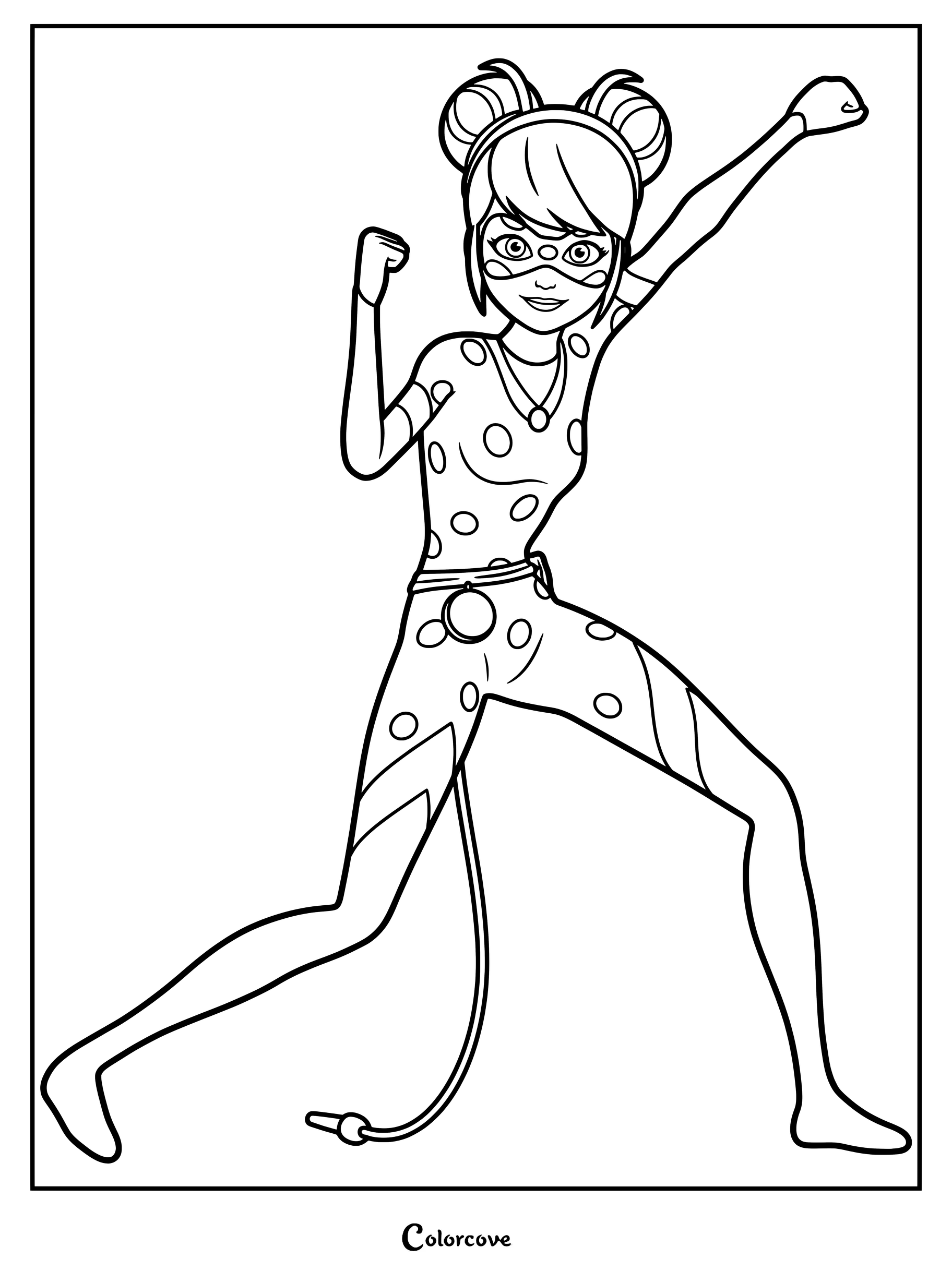 Dibujo para colorear de Multimouse que muestra a Marinette con su traje de superheroína ratón y moños