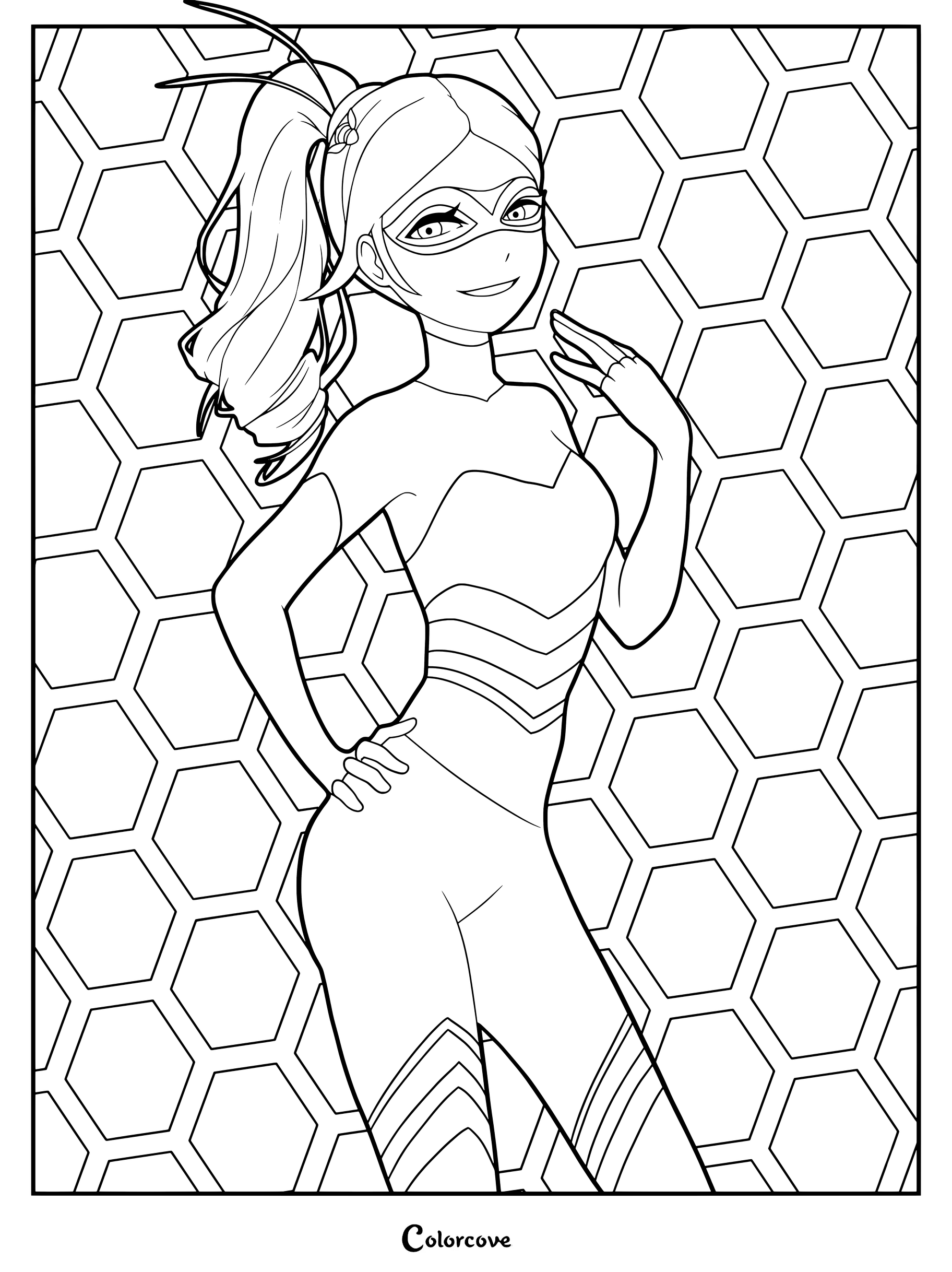 Dibujo para colorear de Reina Aguijón con una pose de superheroína sobre un fondo de panal de abeja