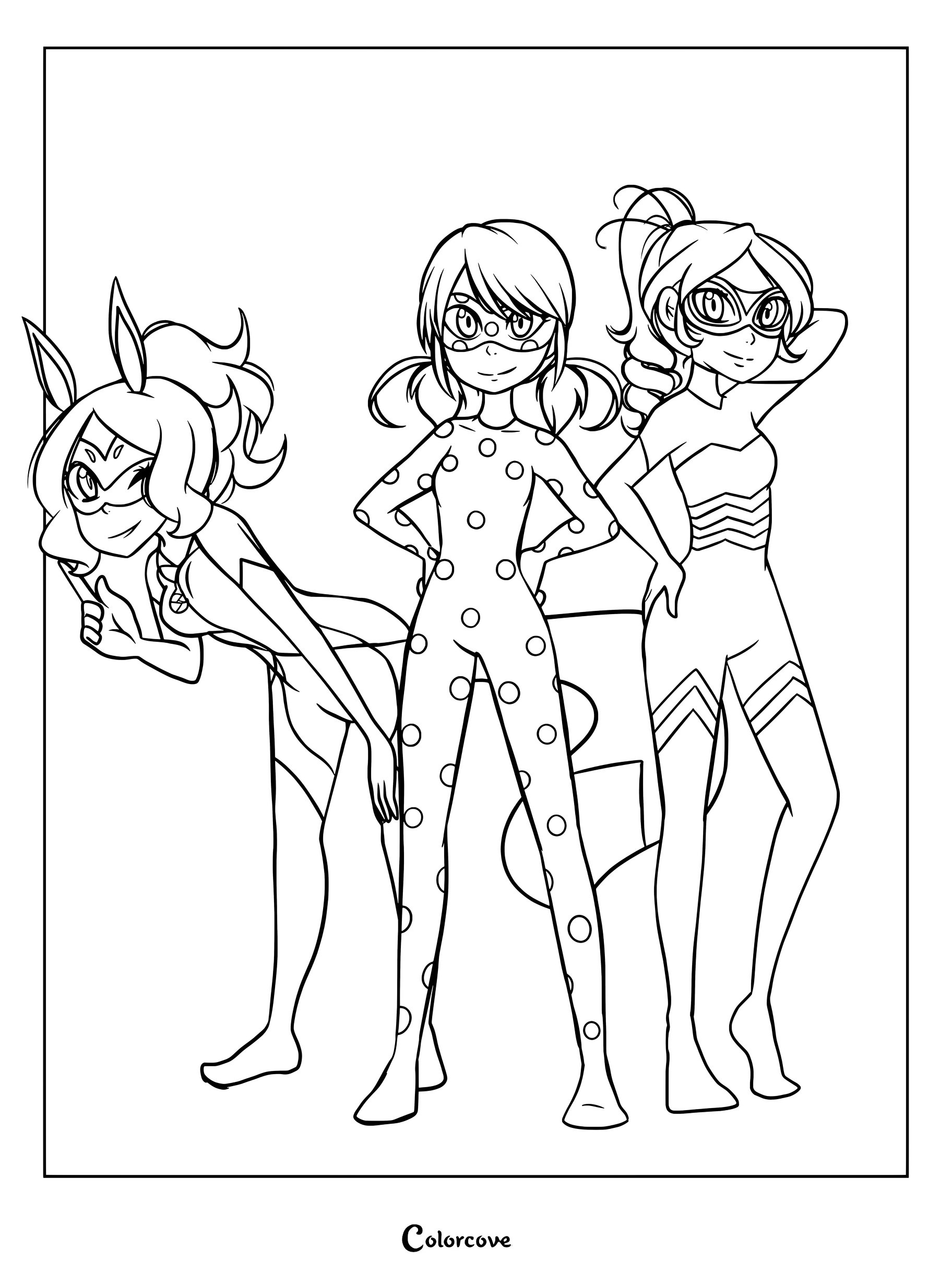 Página para colorear de Rena Rouge, Ladybug y Reina Aguijón con tres superheroínas posando juntas