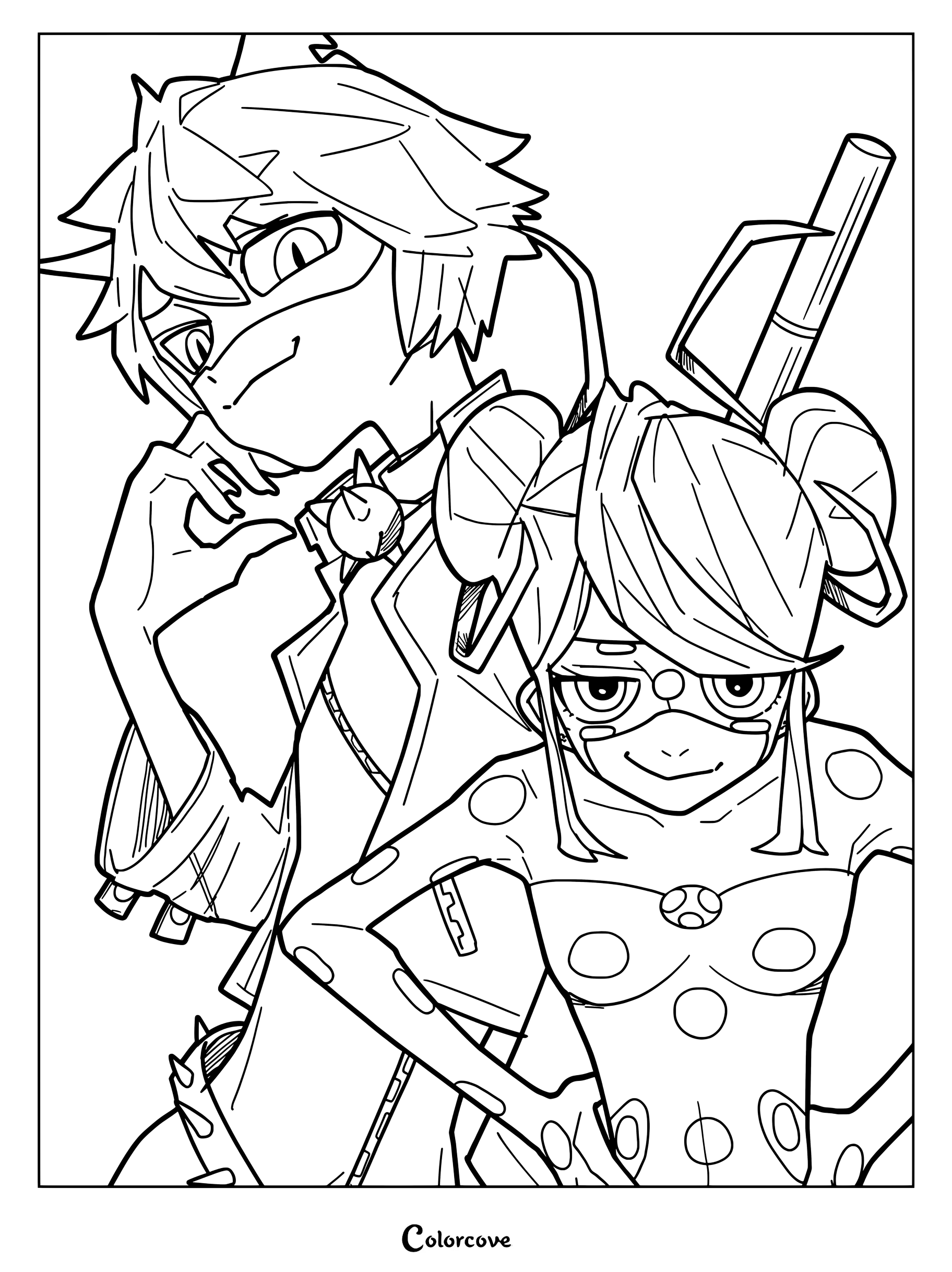 Página para colorear de Shadybug y Claw Noir con el dúo del universo alternativo posando juntos en un dibujo lineal detallado