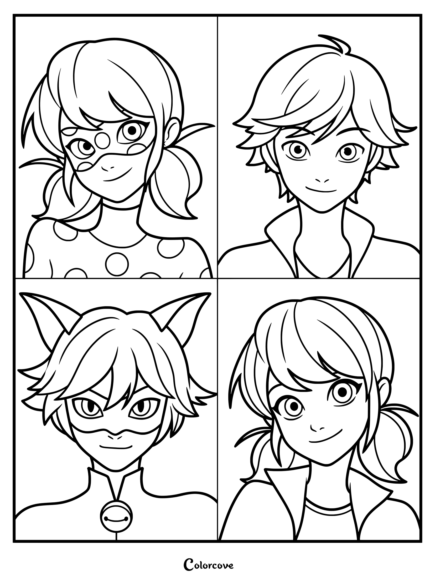 Dibujo para colorear de Miraculous Ladybug que muestra a los personajes principales en sus facetas civil y de superhéroes en cuatro paneles divididos